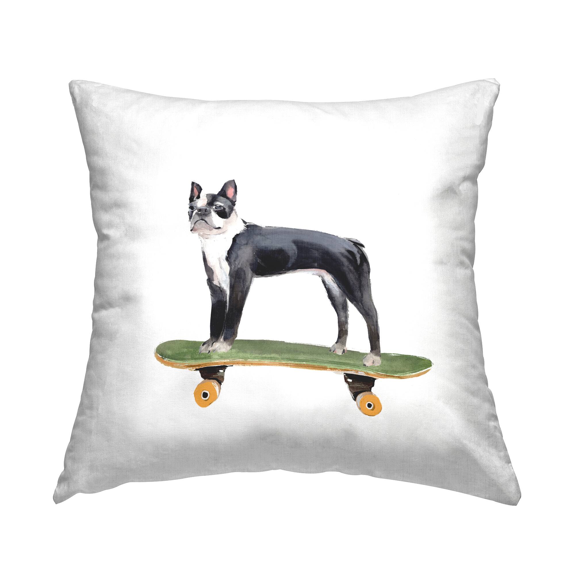 Stupell Industries Curious Boston Terroir Pet Dog on Green Skateboard Throw Pillow 18&#x22; x 18&#x22;