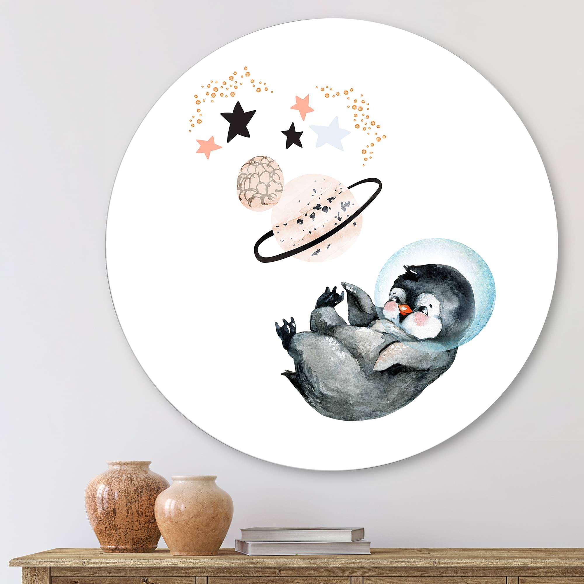 Designart - Little Penguin With Stars and Planets I - Farmhouse Metal Circle Wall Art