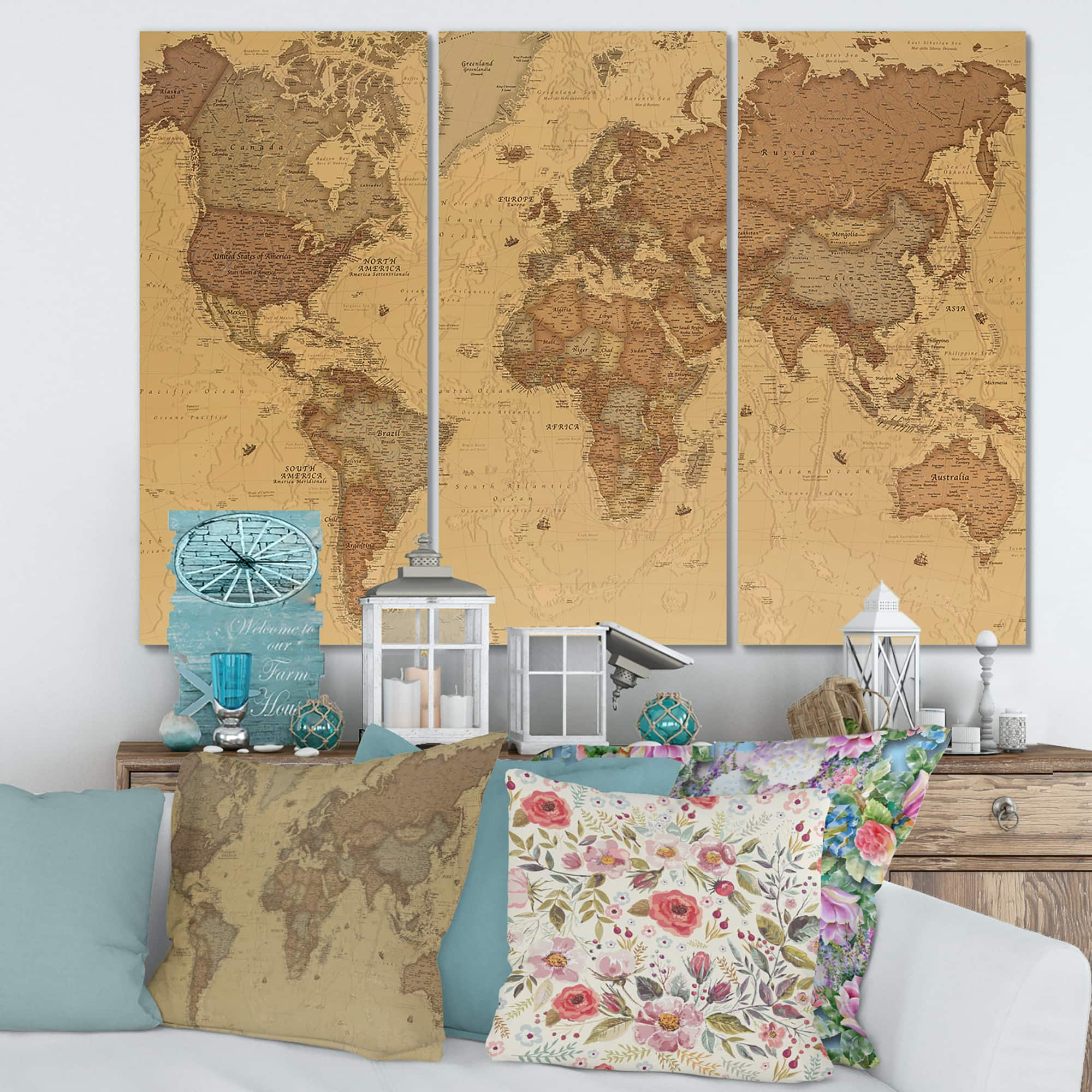 Designart - Ancient Map of The World III - Vintage Canvas Wall Art Print