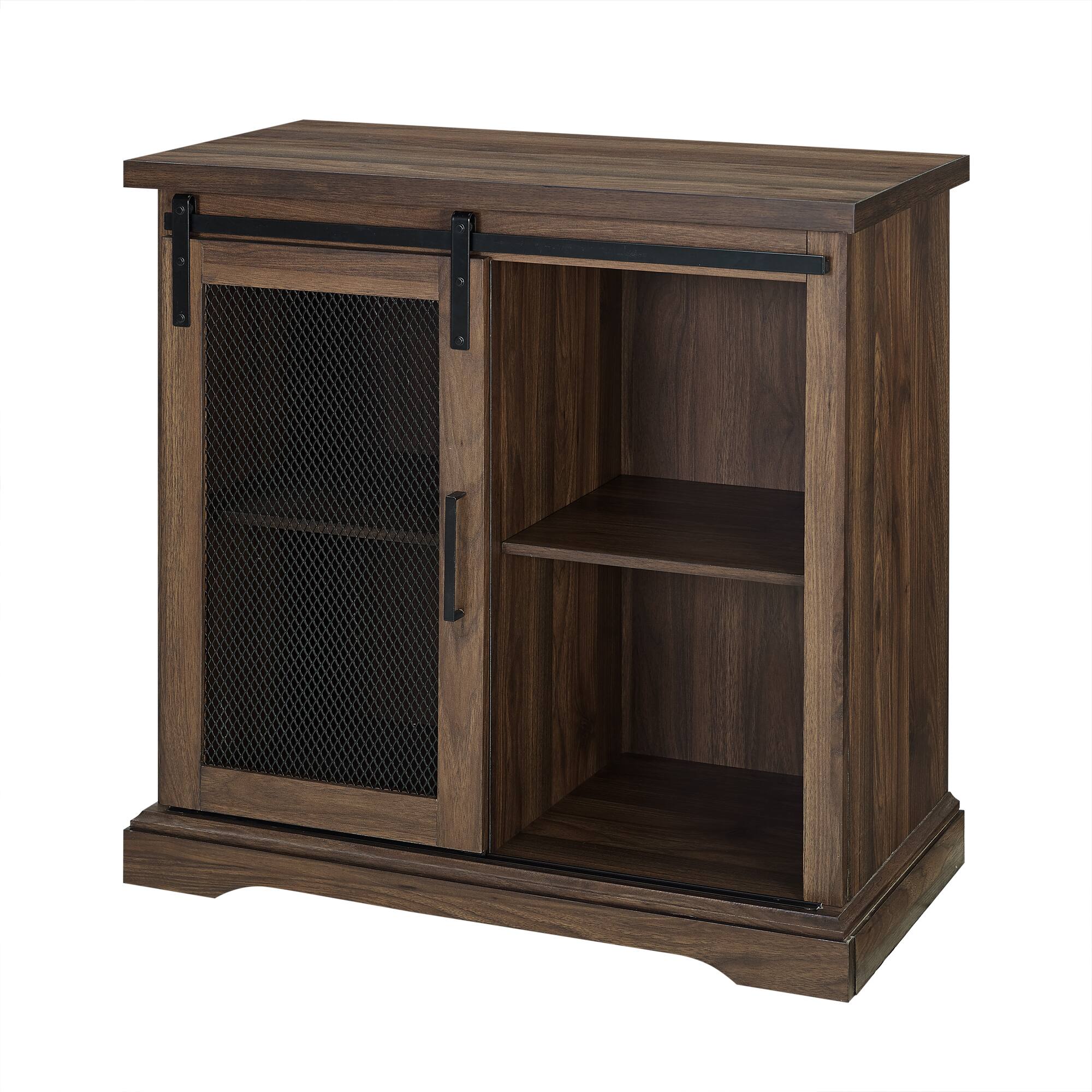 Walker Edison 32" Dark Walnut Sliding Mesh Metal Door Accent Cabinet