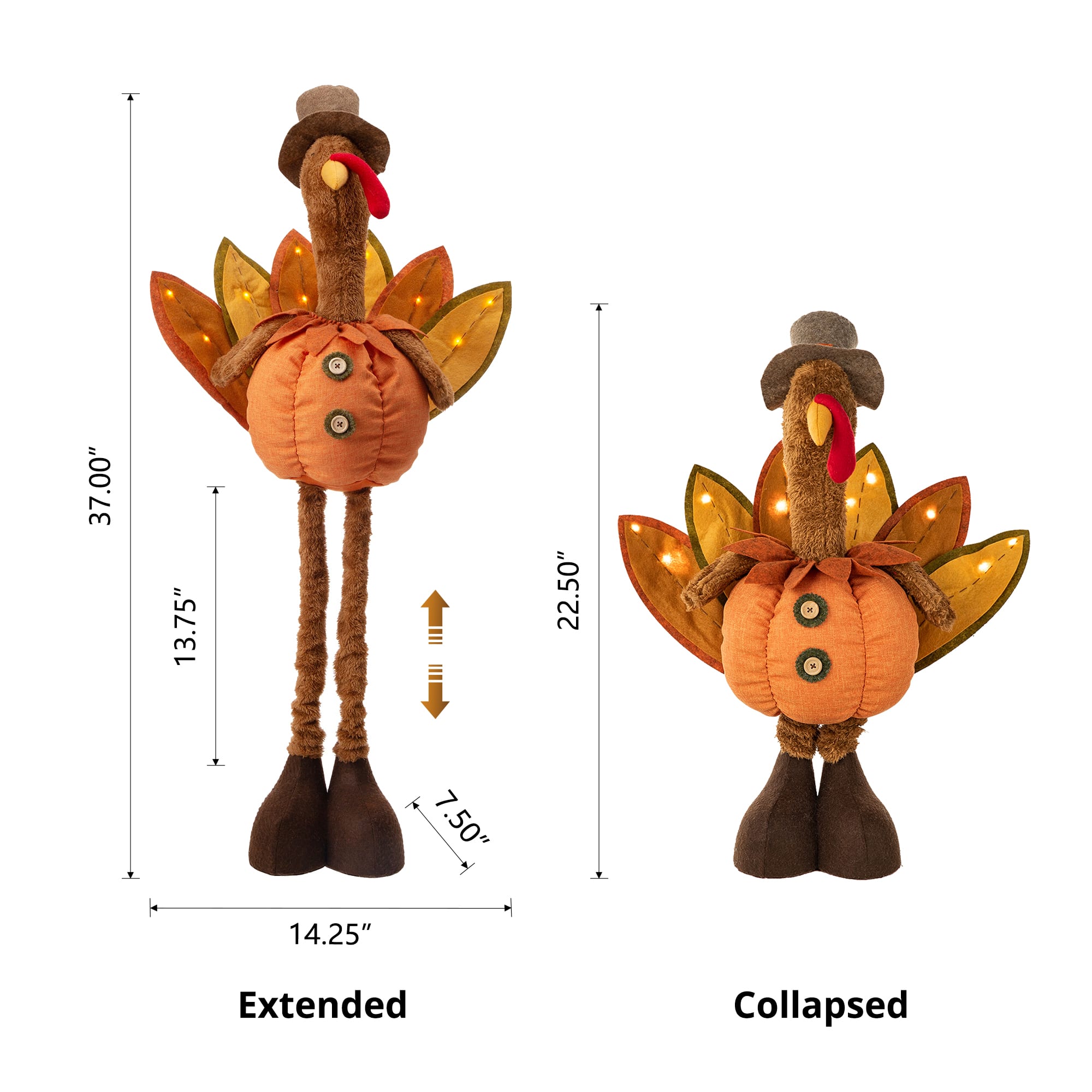 Glitzhome&#xAE; Lighted Fabric Turkey Standing D&#xE9;cor with Telescoping Legs &#x26; Timer