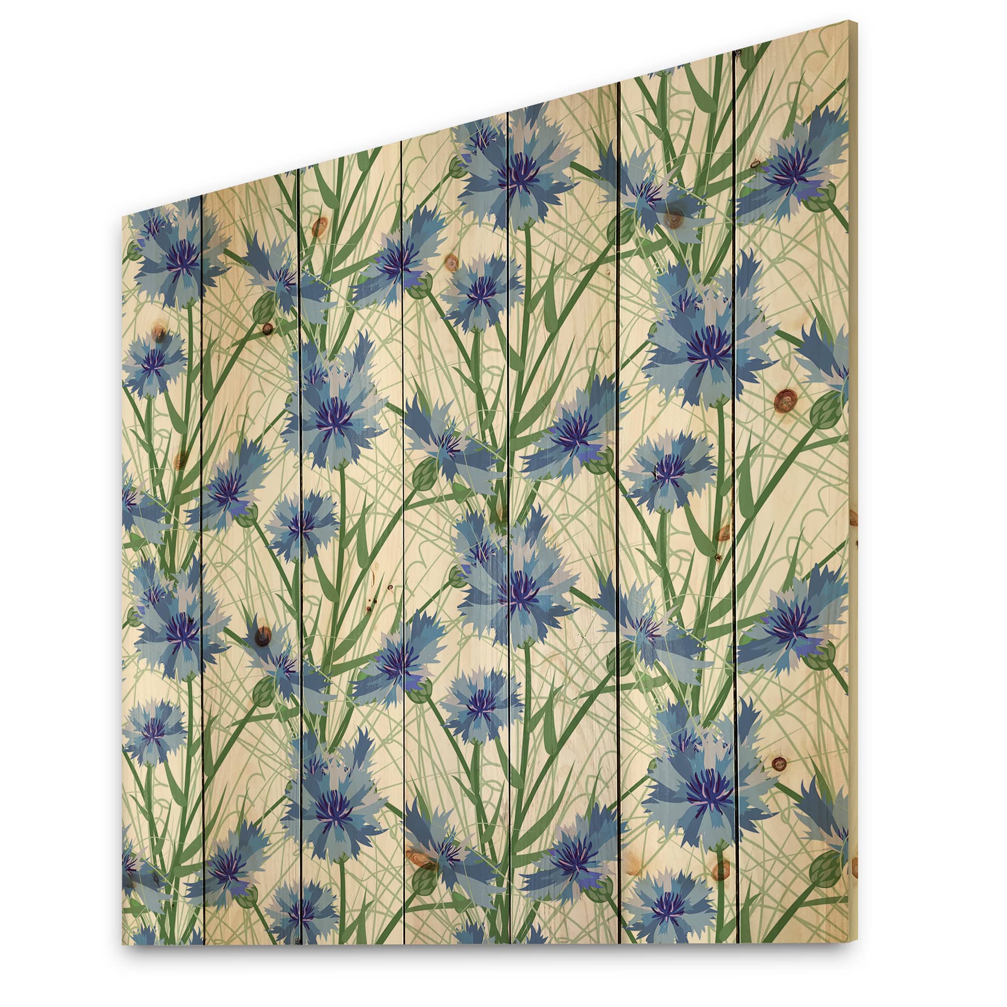 Designart - Blue Cornflowers With Green Leaves I - Traditional Print on Natural Pine Wood