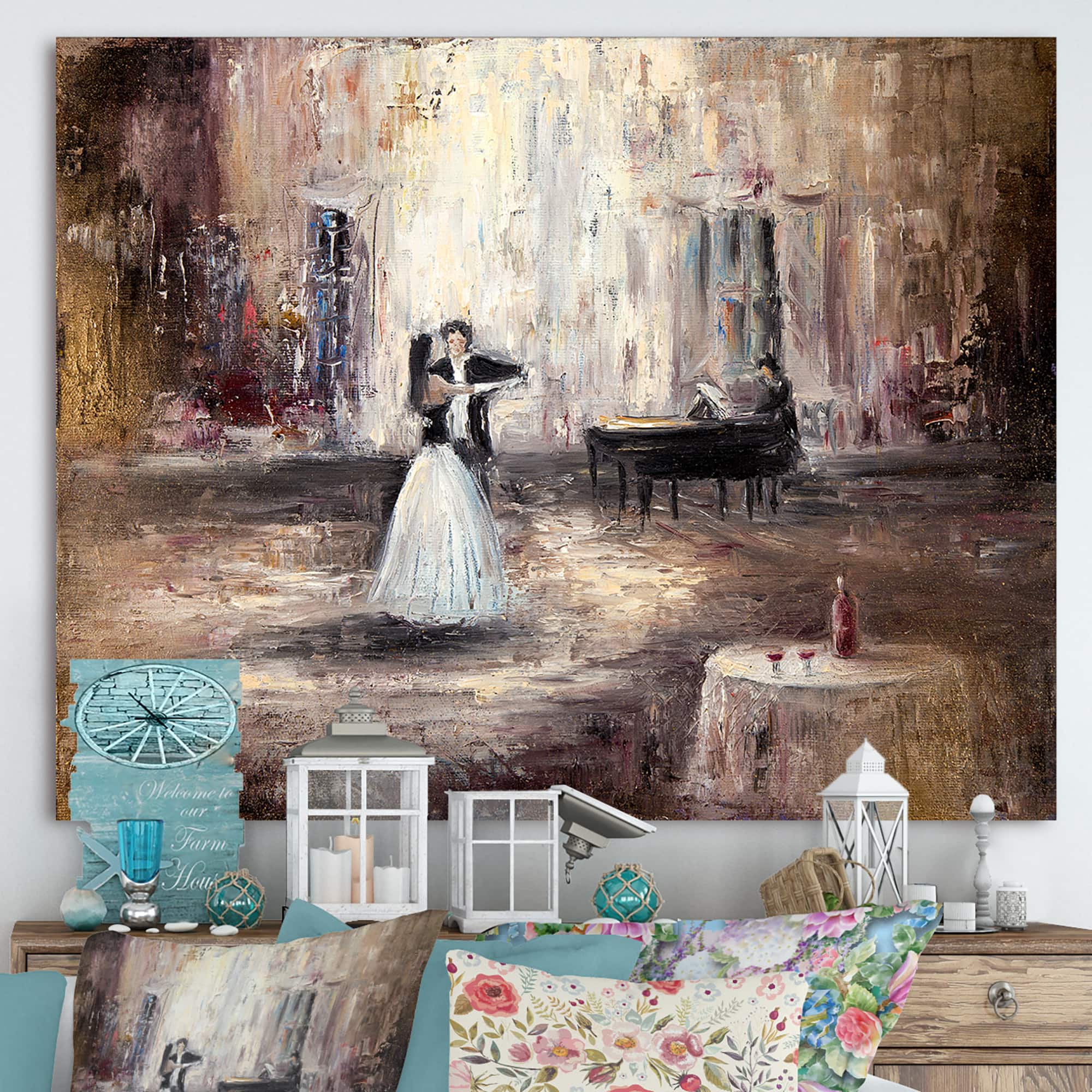 Designart - Black And White Couple Dancing In Hall With Piano - Traditional Canvas Wall Art Print