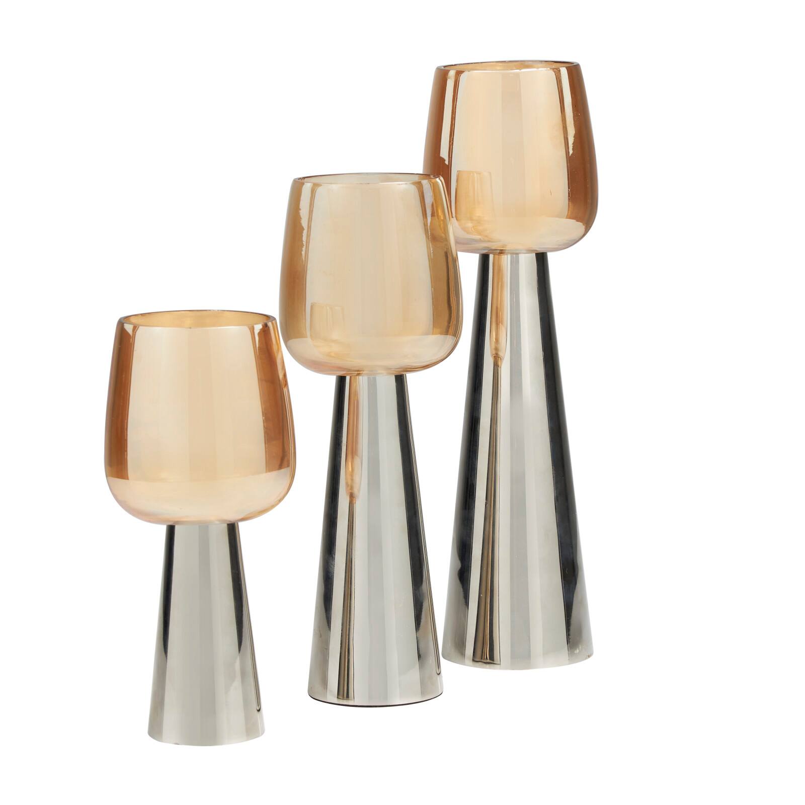 Contemporary Stainless Steel & Glass Candle Holder Set