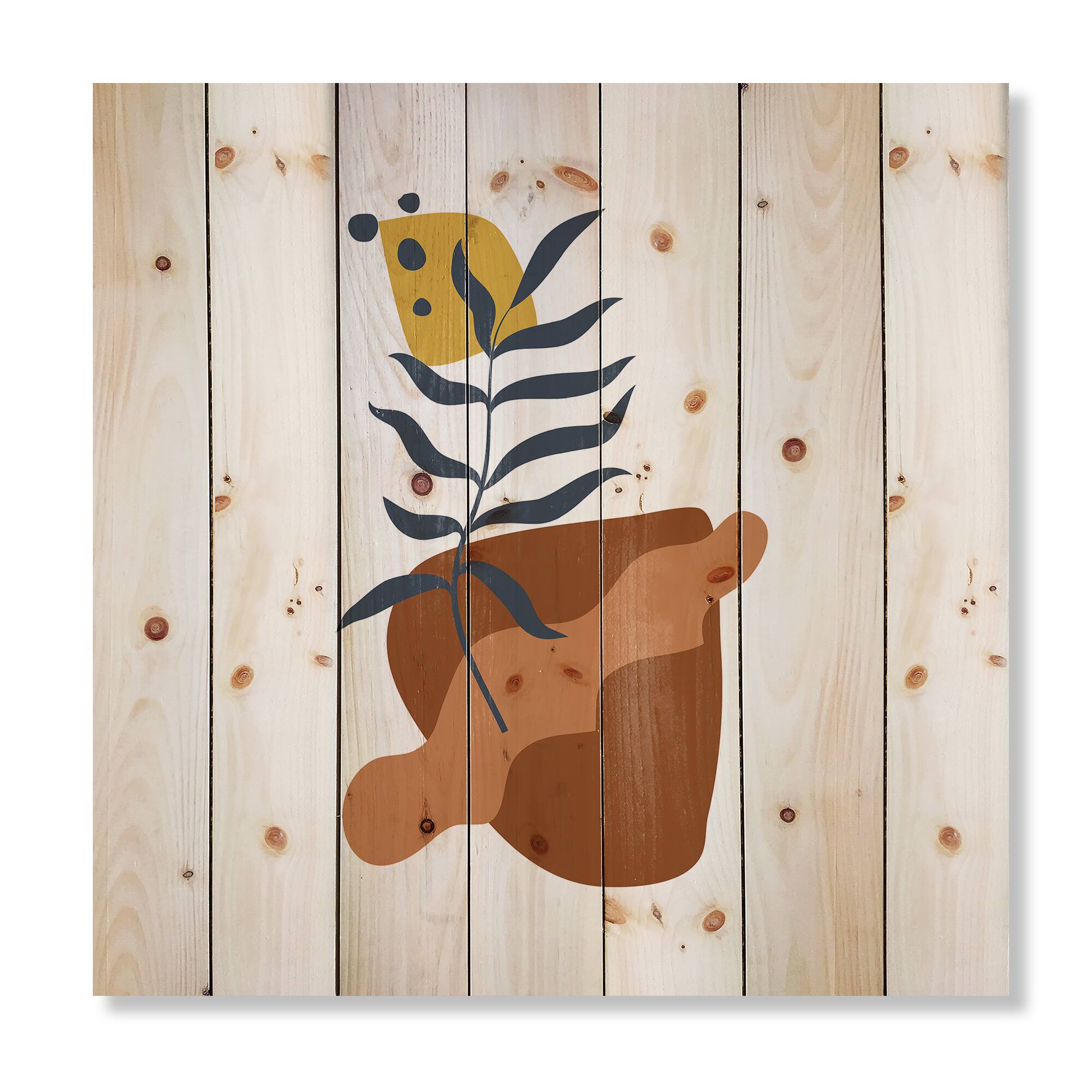 Designart - Elementary Shapes With Abstract Flowers Plants VI - Modern Print on Natural Pine Wood