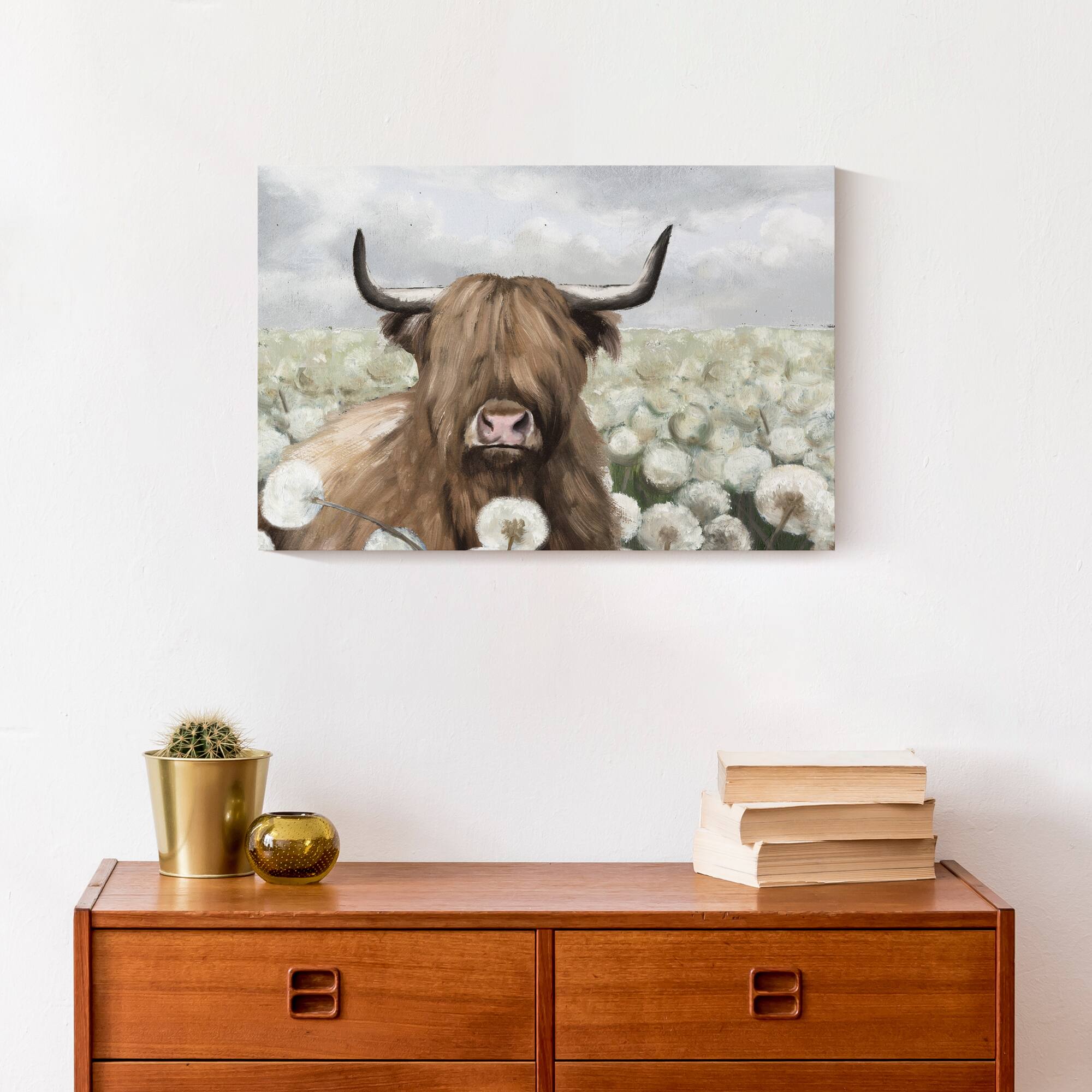 Highland Cow And Dandelions 18" x 12' Canvas Wall Art