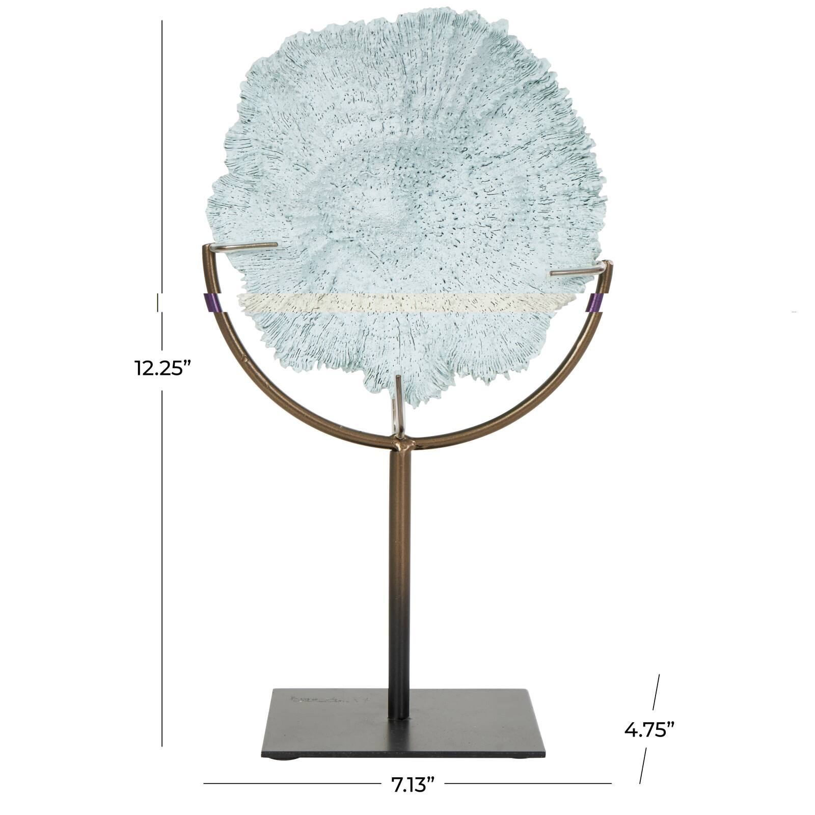 12" Light Blue Polystone Coral Textured Sculpture with Bronze Stand