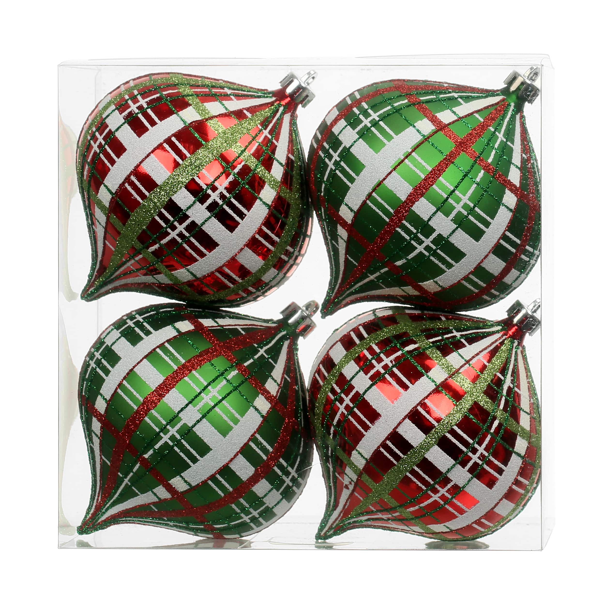 4 Pack 4.7&#x22; Red &#x26; Green Glitter Plaid Shatterproof Onion Ornaments by Ashland&#xAE;