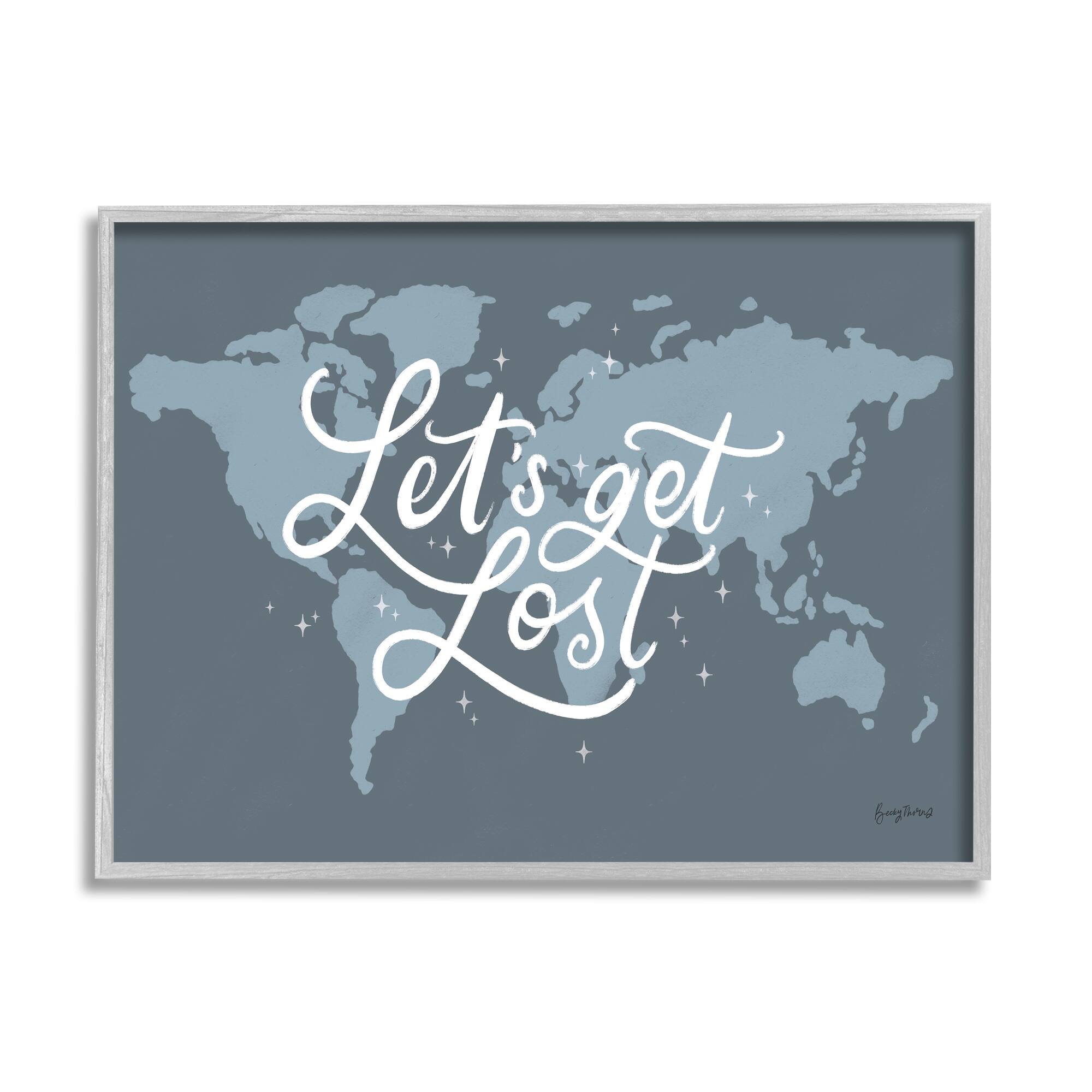 Stupell Industries Let's Get Lost Adventure Phrase Blue World Map Framed Wall Art