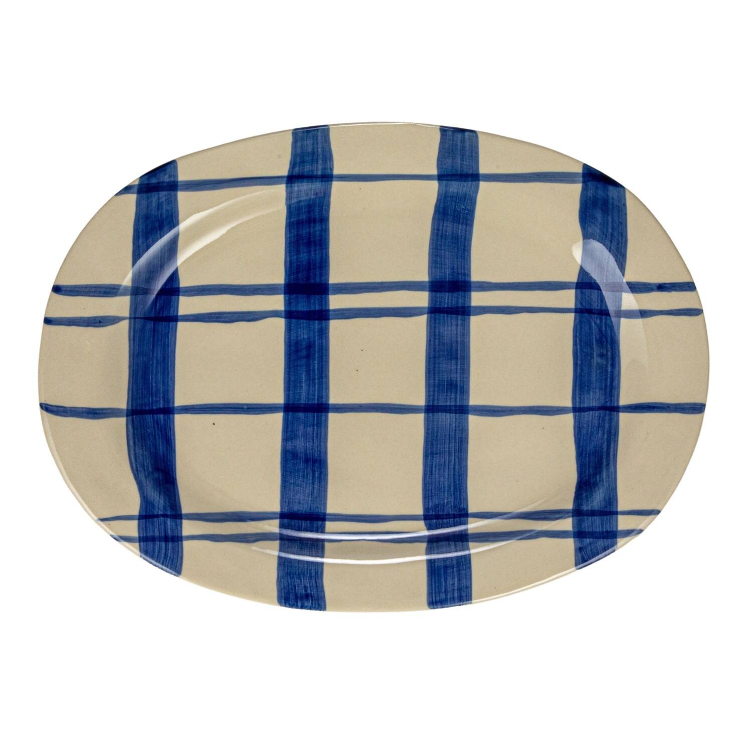 Hello Honey® 14" Hand-Painted Wax Relief Blue Stripe Oval Stoneware Platters, 2ct.
