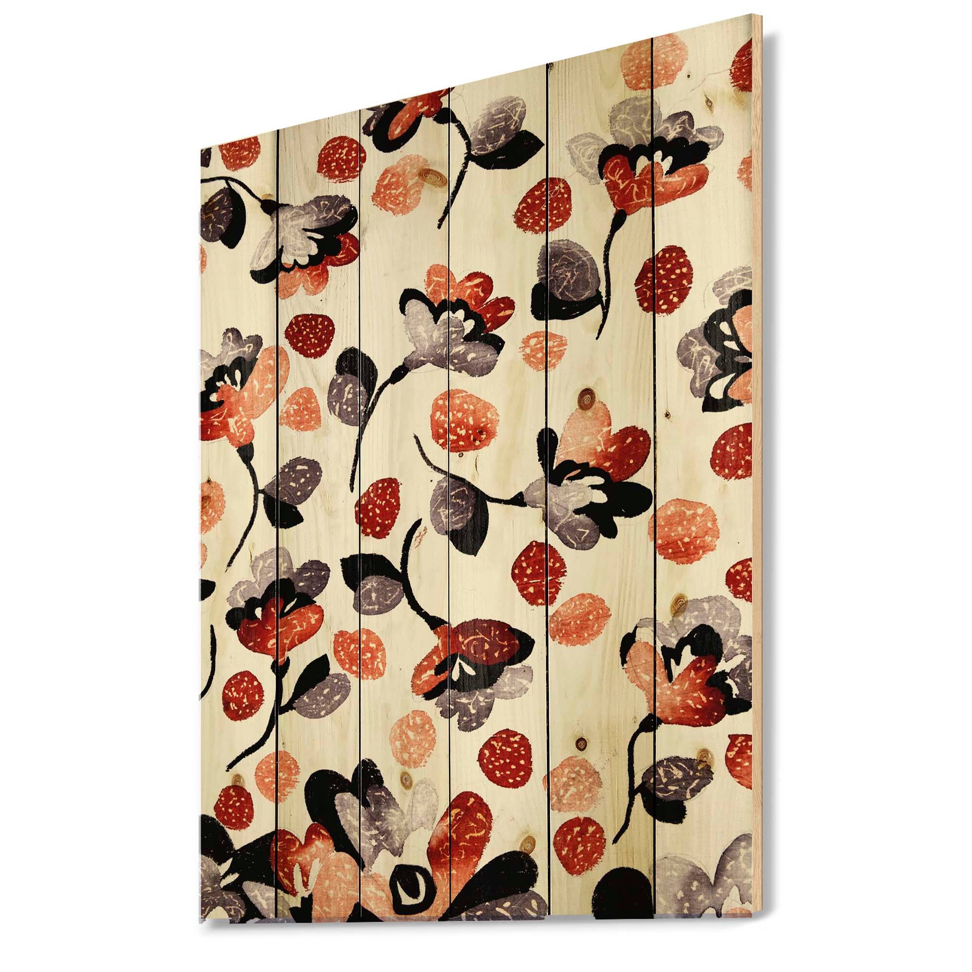 Designart - Modern Flower In Blue Red and Orange - Bohemian &#x26; Eclectic Print on Natural Pine Wood