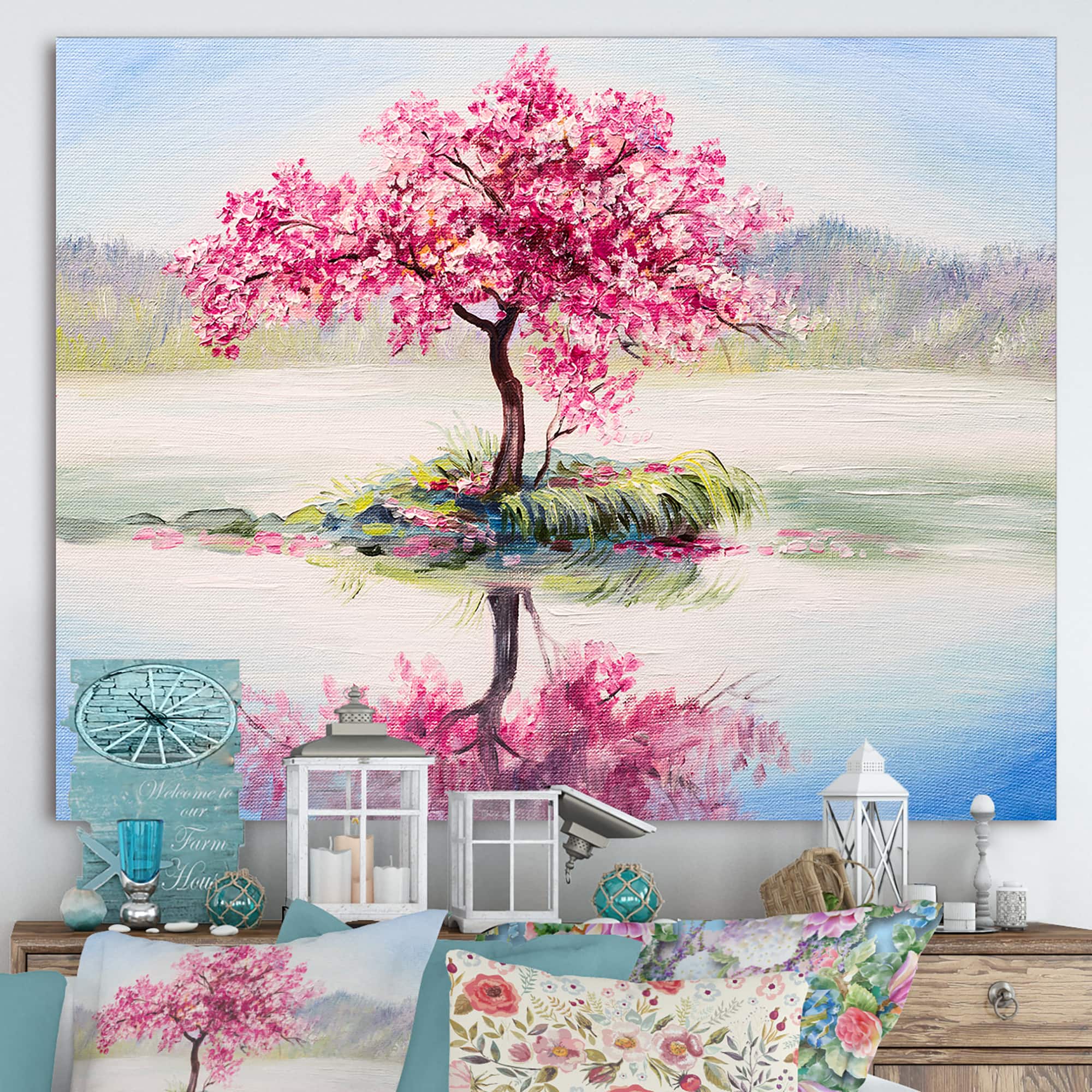 Designart - Japanese Cherry Blossom Tree On Little Idyllic IsLand - Farmhouse Canvas Wall Art Print