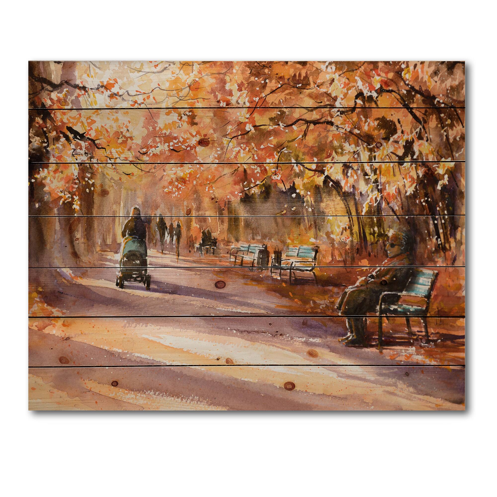 Designart - Road In The Park In Sunny Autumn Day - Country Print on Natural Pine Wood