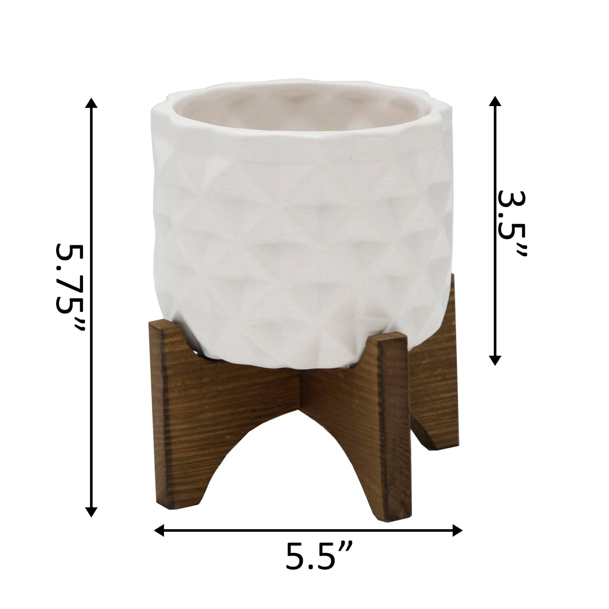 Flora Bunda 5&#x22; Matte White Ceramic Dimple Pattern Planter On Wood Stand