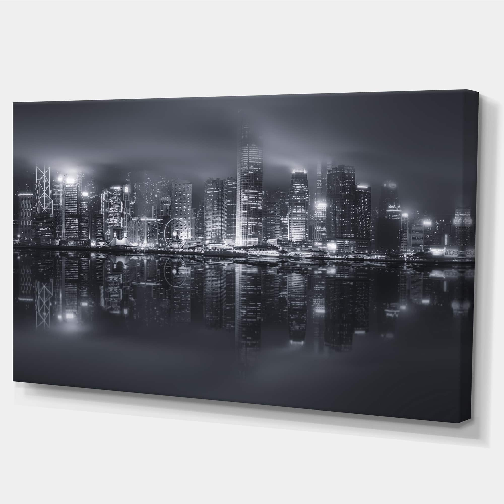 Designart - Hong Kong Black and White Skyline - Cityscape Canvas Art Print