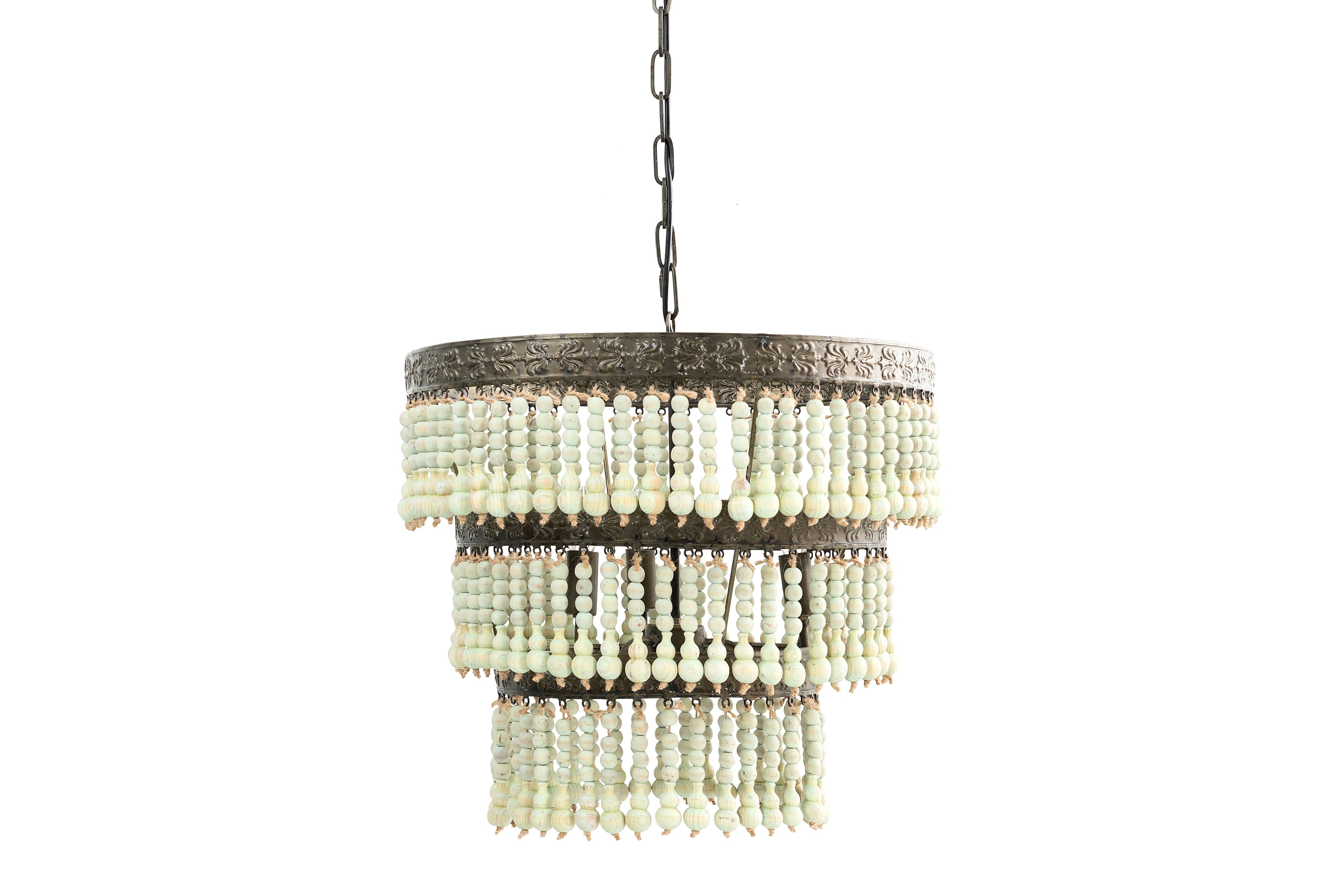 Hello Honey® 21.3" 3-Tier Round Metal Chandelier With 3 Lights & Hanging Wood Beads