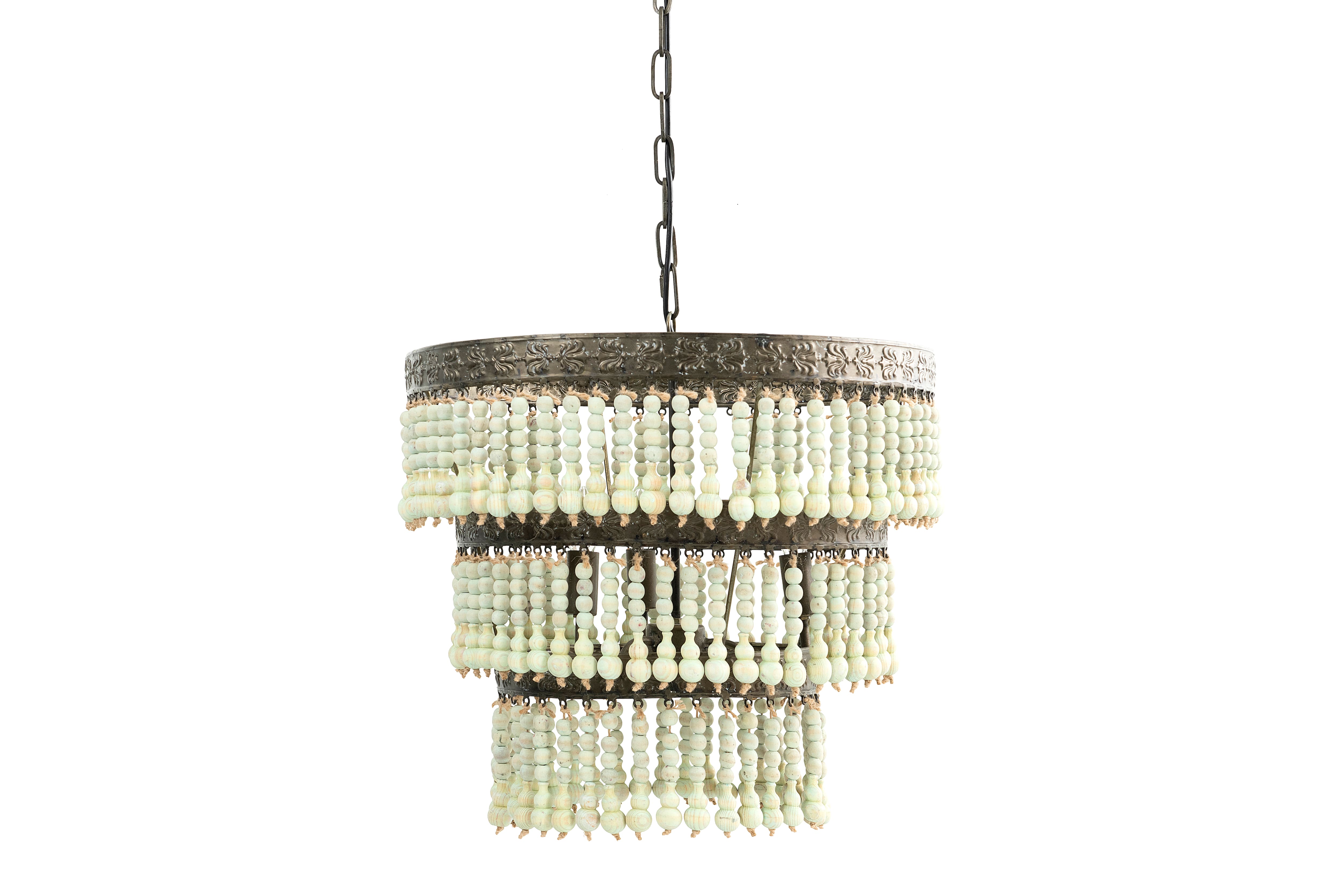 21.3" 3-Tier Round Metal Chandelier With 3 Lights & Hanging Wood Beads