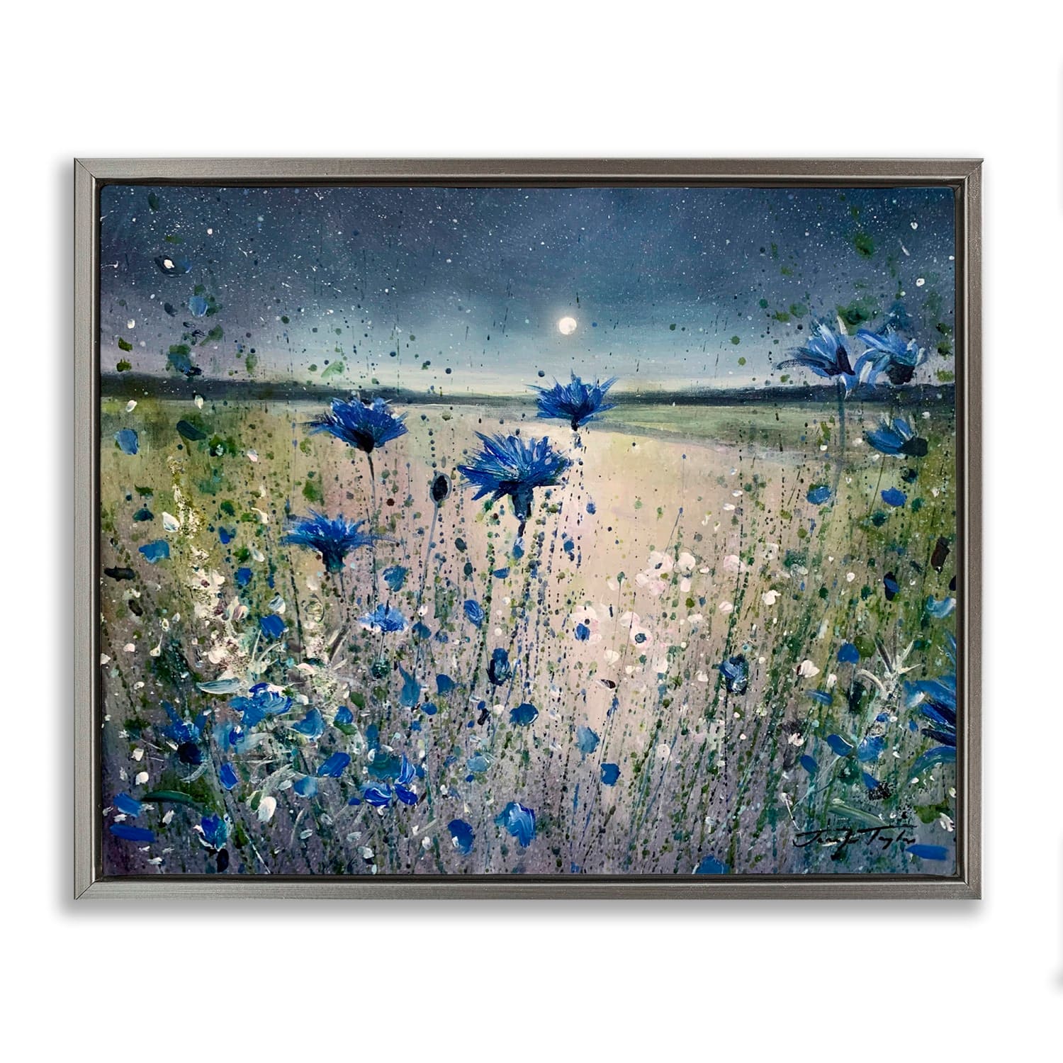 Stupell Industries Moon over Blooming Flowers Floater Framed Art