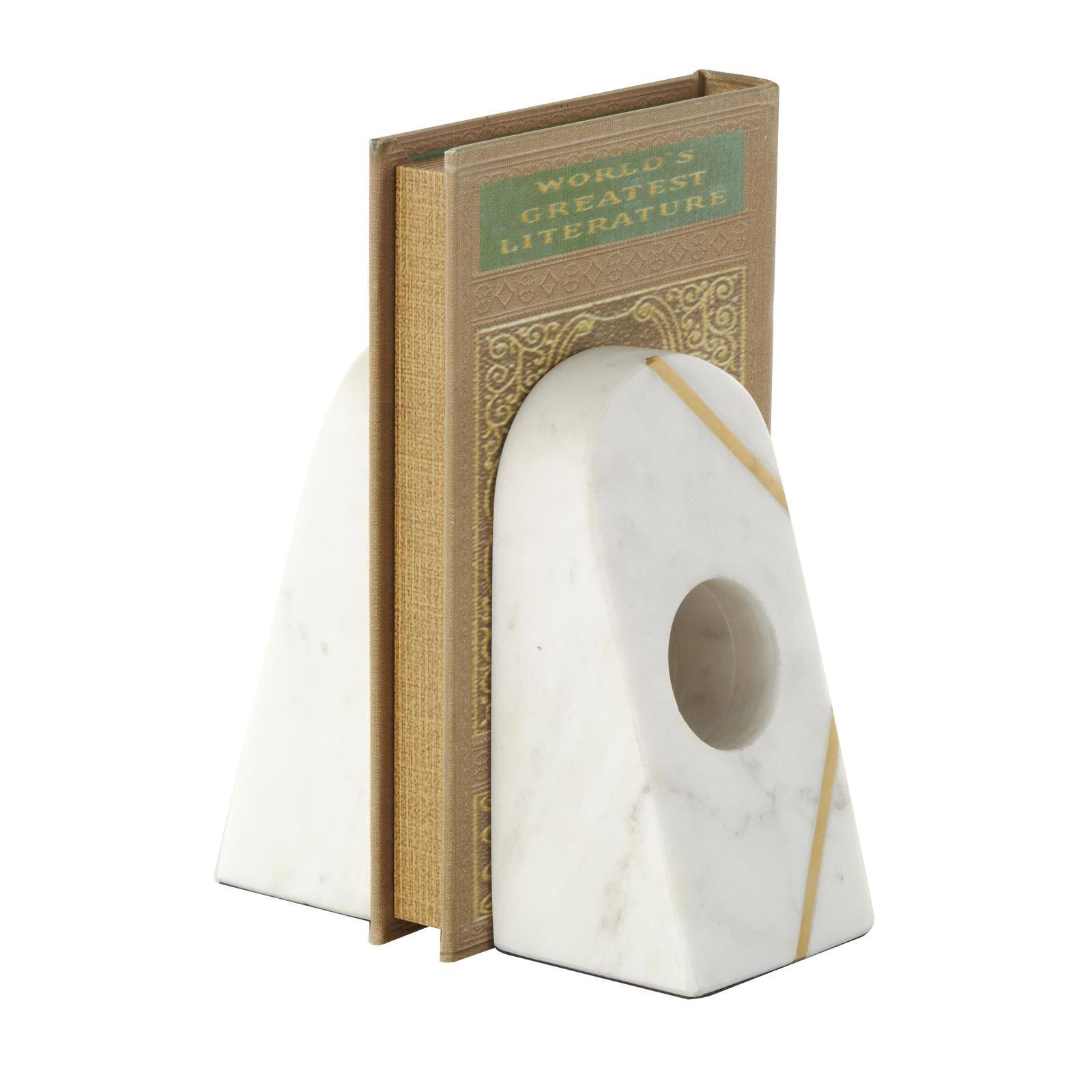 6" White Marble Geometric Curved Pyramid Decorative Bookends