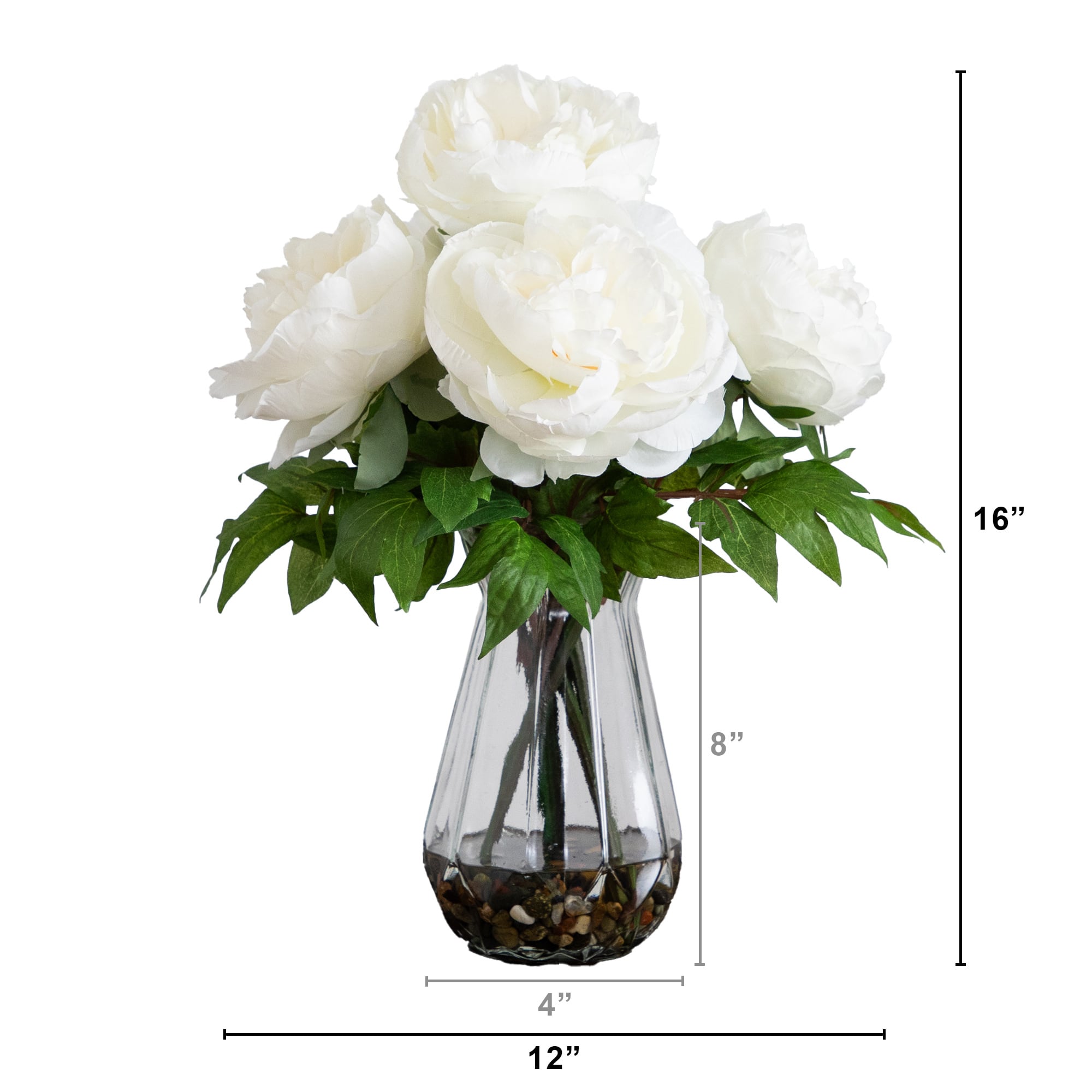16" White Peony Arrangement in Glass Vase