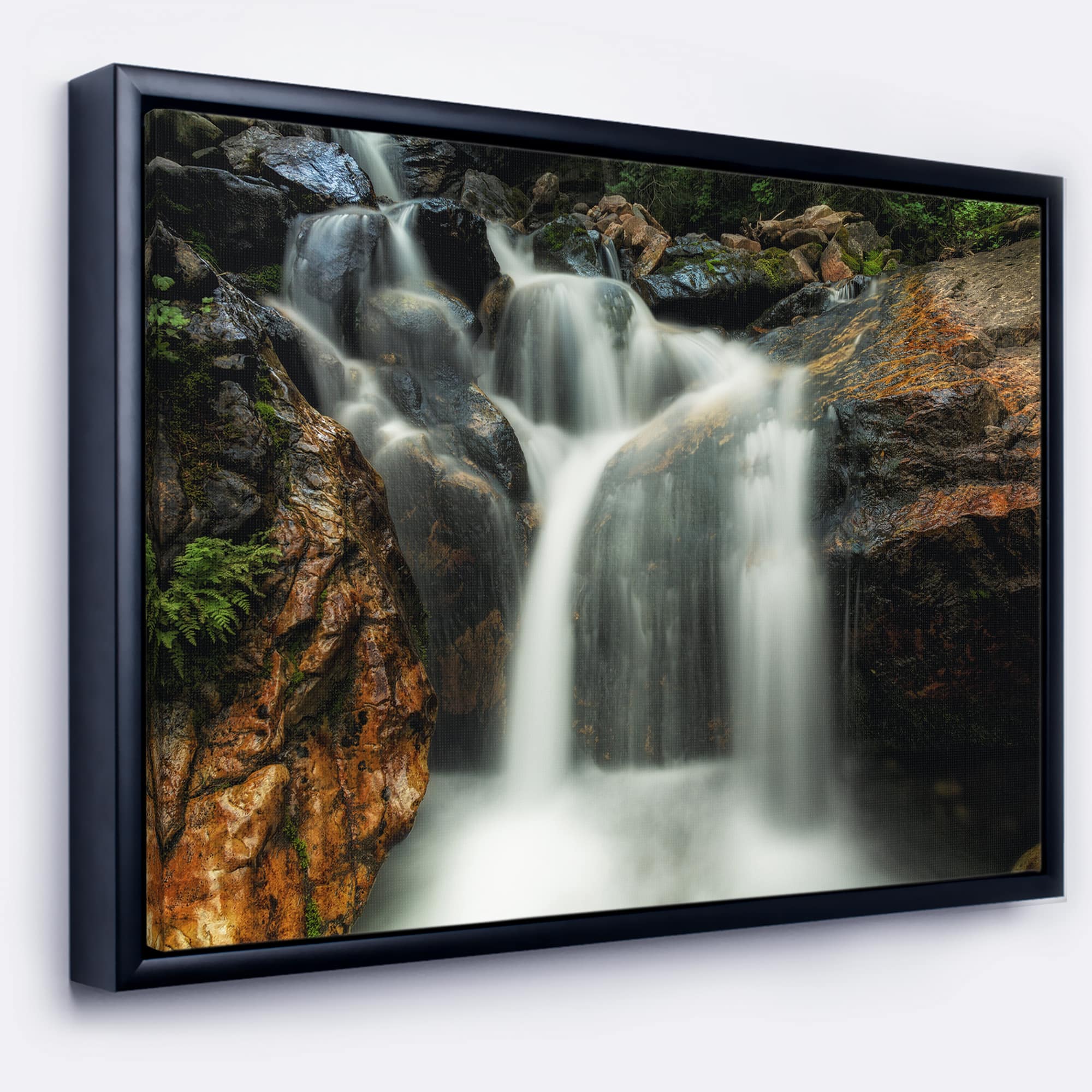 Designart - Slow Motion Waterfall on Rocks - Landscape Framed Canvas Art Print