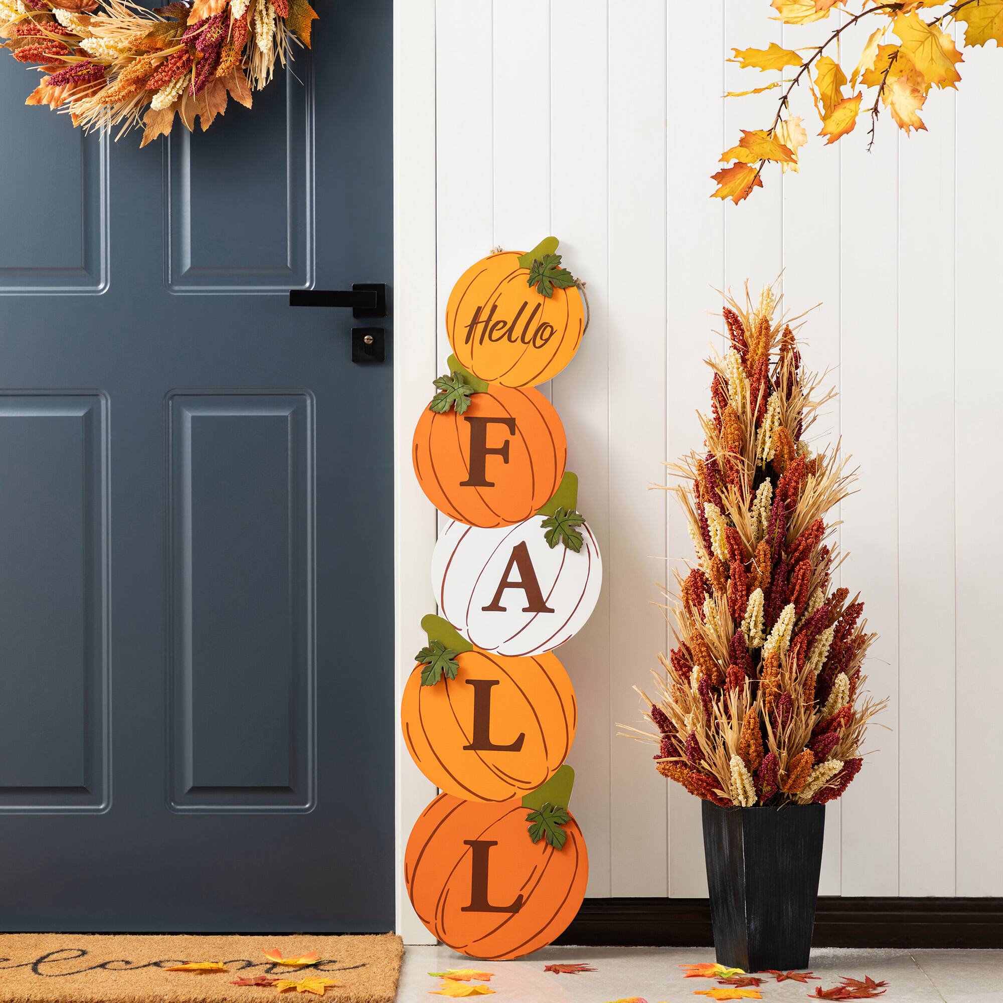 Glitzhome® 41.75" Fall and Christmas Double-Sided Wooden Pumpkin and Ornament Porch Sign
