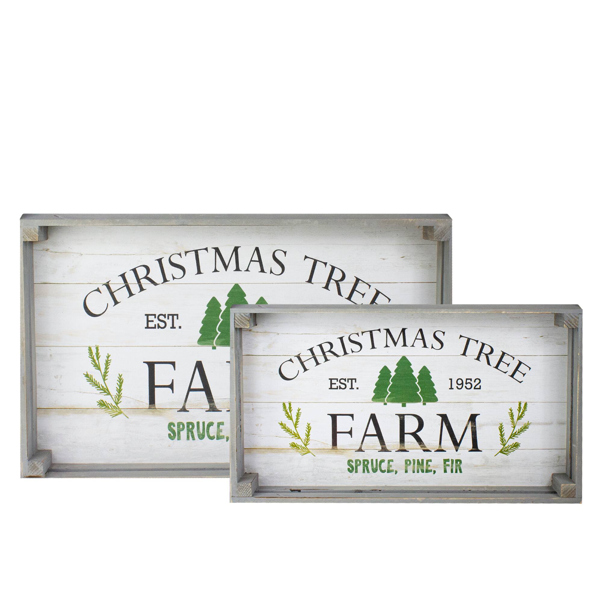 Gray &#x26; White Farm Fresh Christmas Trees Wooden Tray Hanging Sign Set