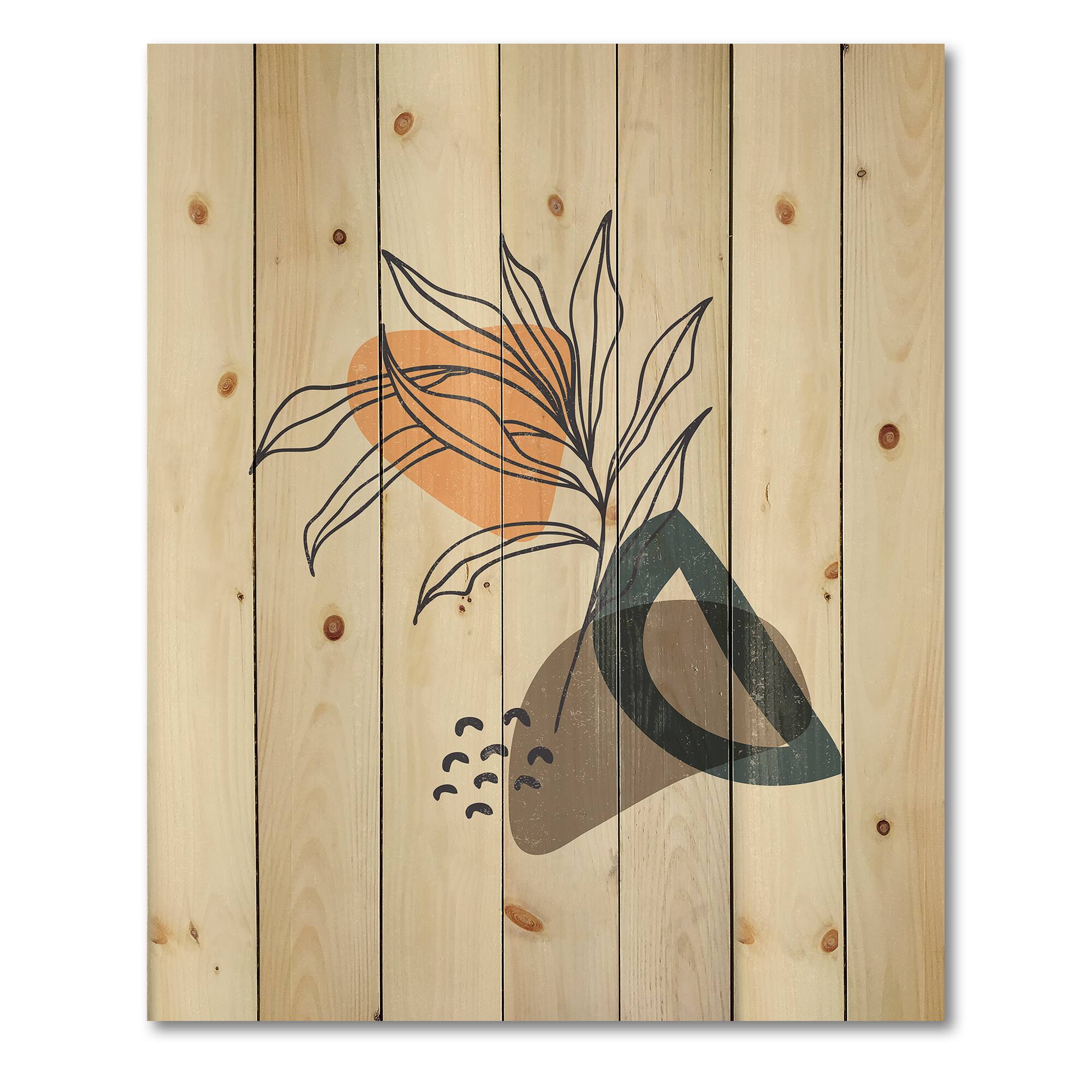 Designart - Vintage Plant With Minimalist Shapes I - Modern Print on Natural Pine Wood