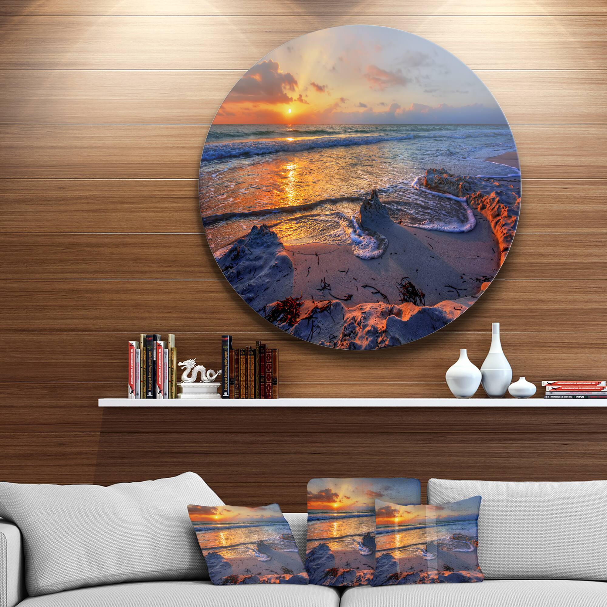 Designart - Beautiful Seashore with Yellow Sun' Seashore Metal Circle Wall Art