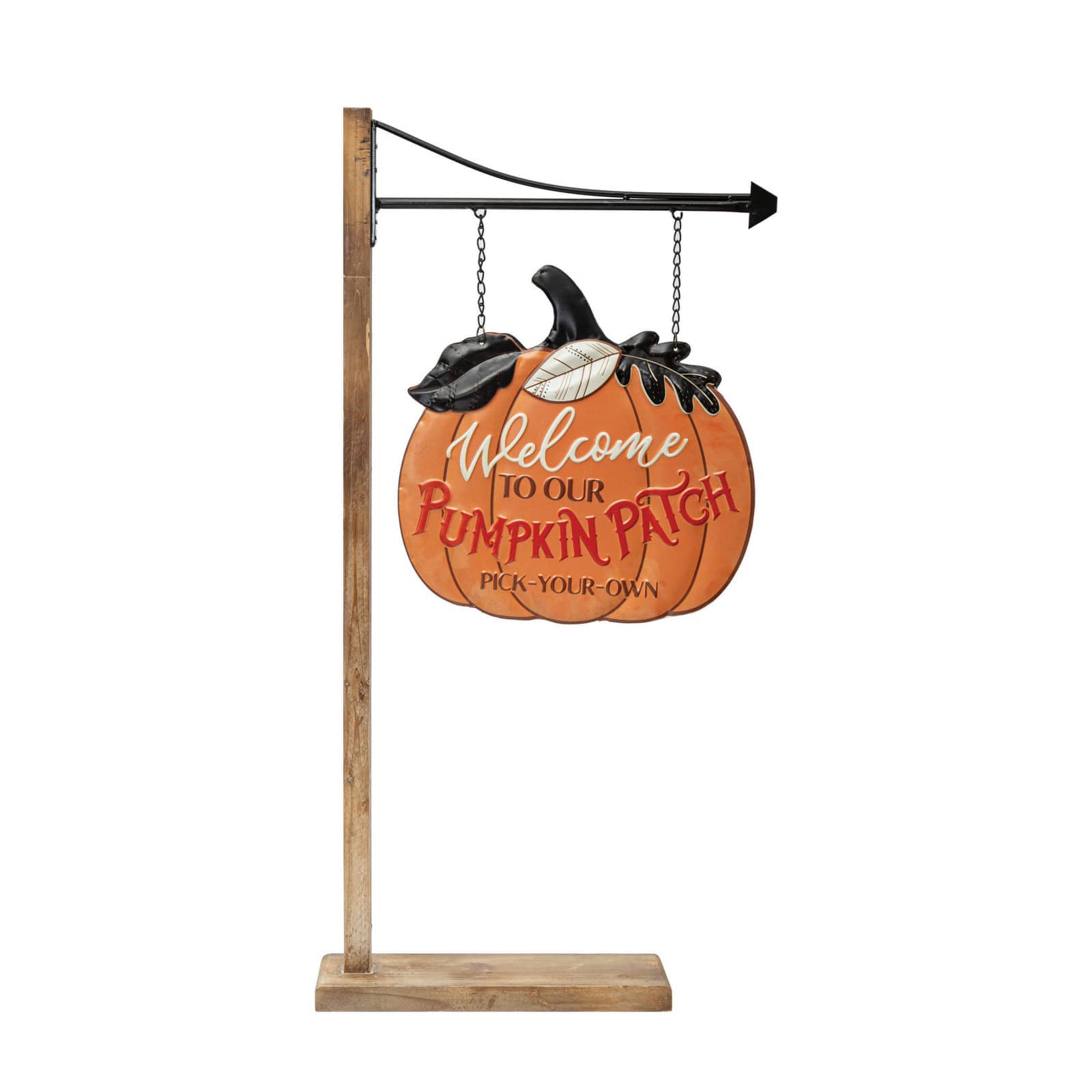 Hello Honey&#xAE; 38.5&#x22; 2-Sided Embossed Metal Pumpkin Sign D&#xE9;cor with Wood Floor Stand