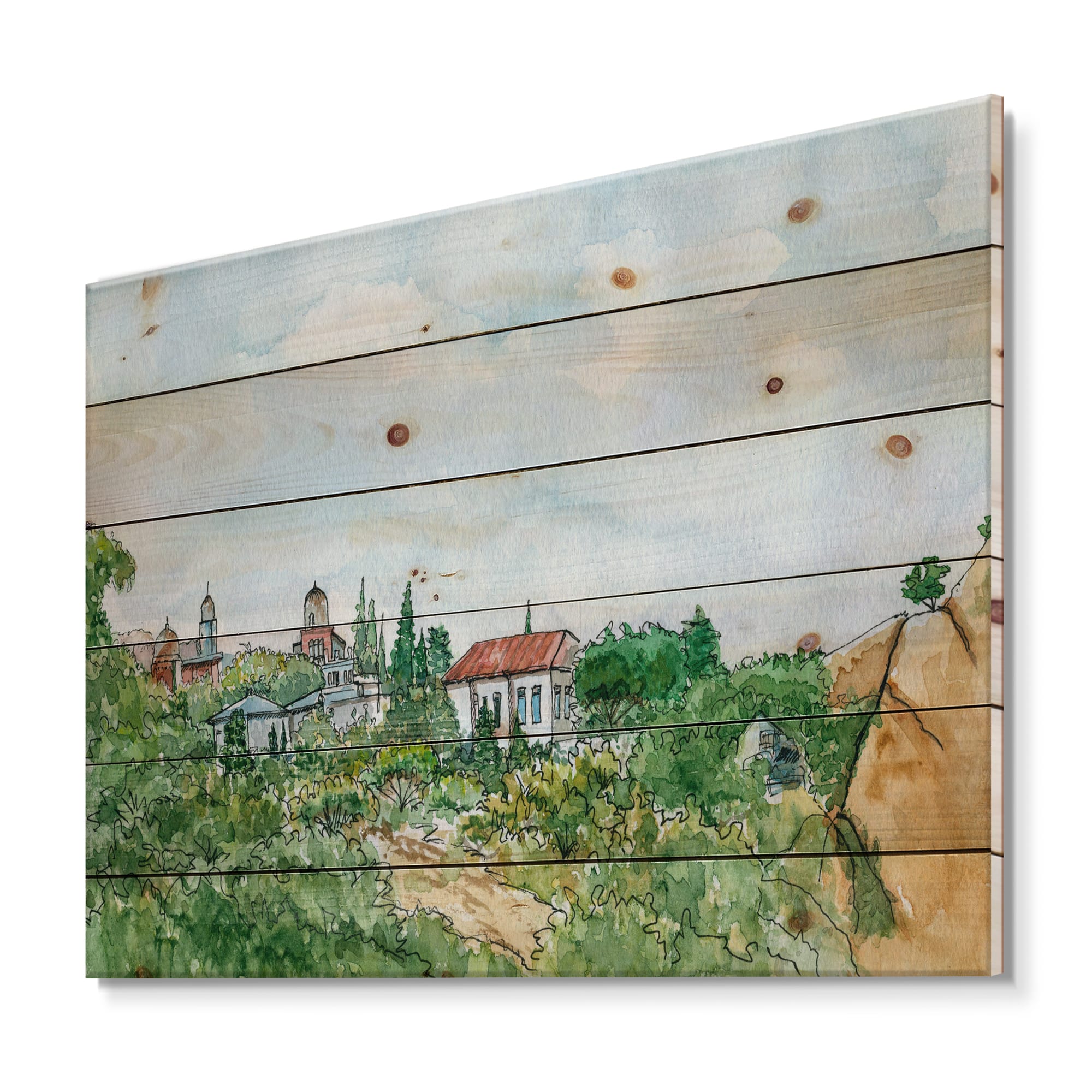 Designart - White House With Red Roof In The Countryside - Traditional Print on Natural Pine Wood