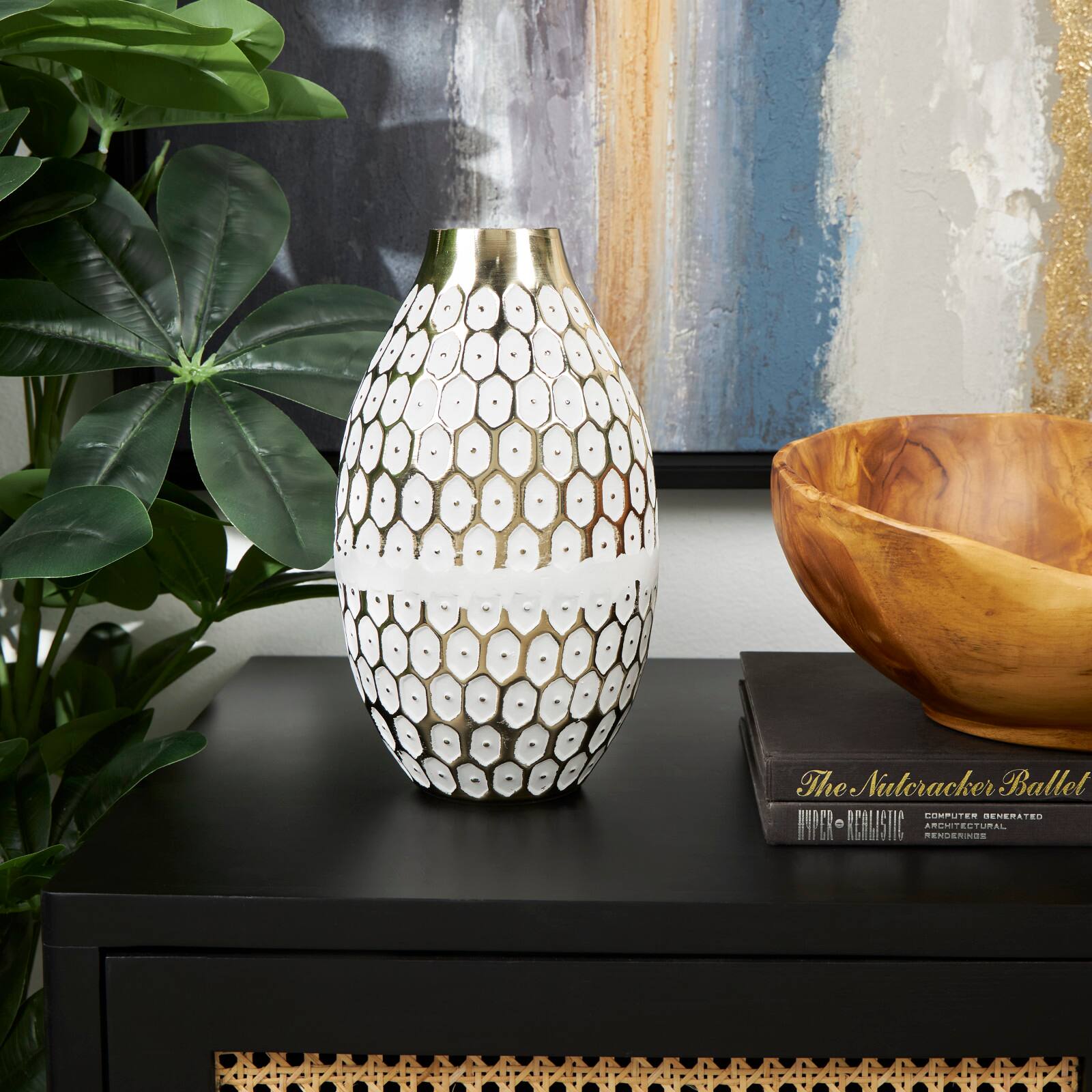 10&#x22; Gold Metal Geometric Geometric Dot Vase with White Accents