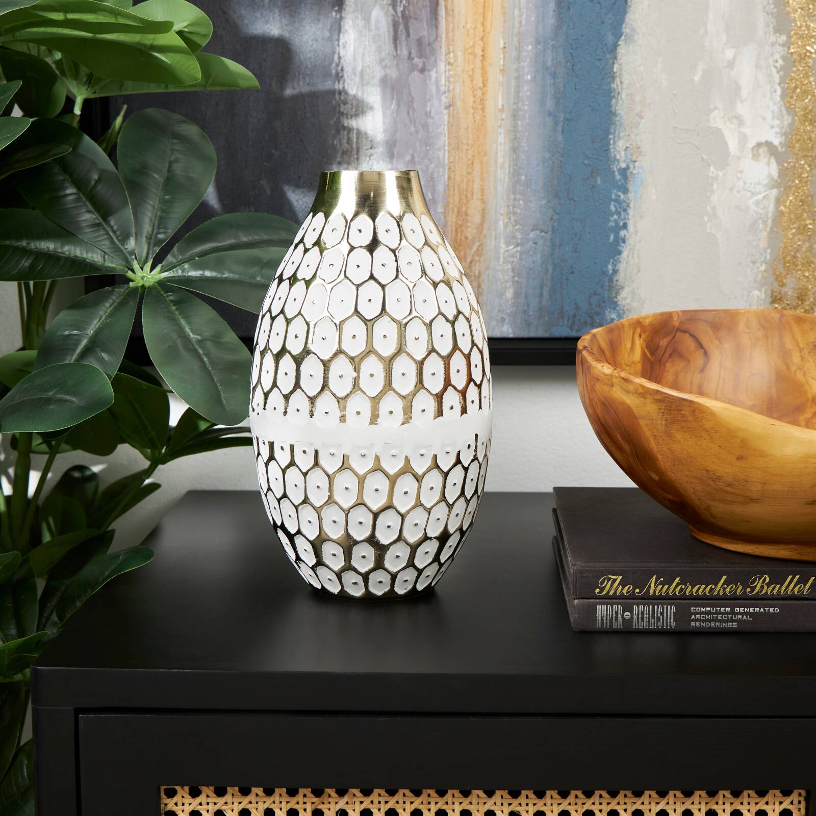 10" Gold Metal Geometric Geometric Dot Vase with White Accents