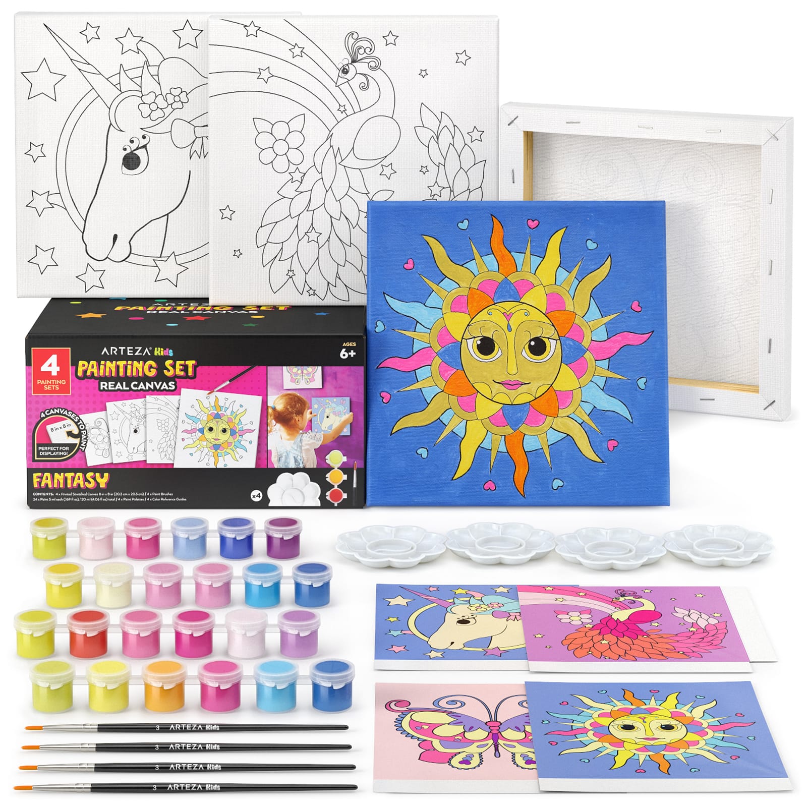 Arteza&#xAE; Kids Canvas Paint Kit, 4 8x8 Canvas with Brushes &#x26; Paints Fantasy