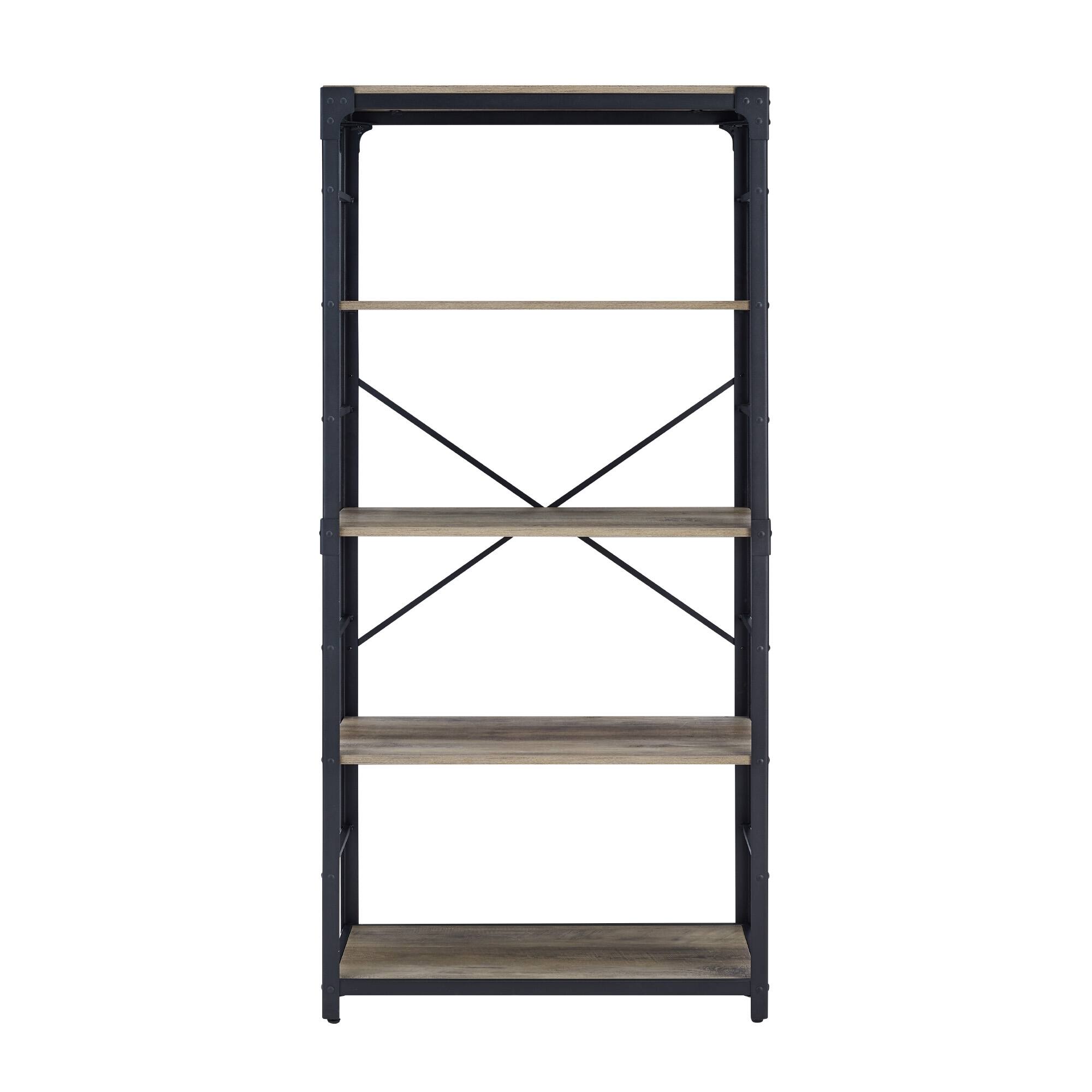 Walker Edison 64&#x22; Graywash Angle Iron Industrial Bookcase