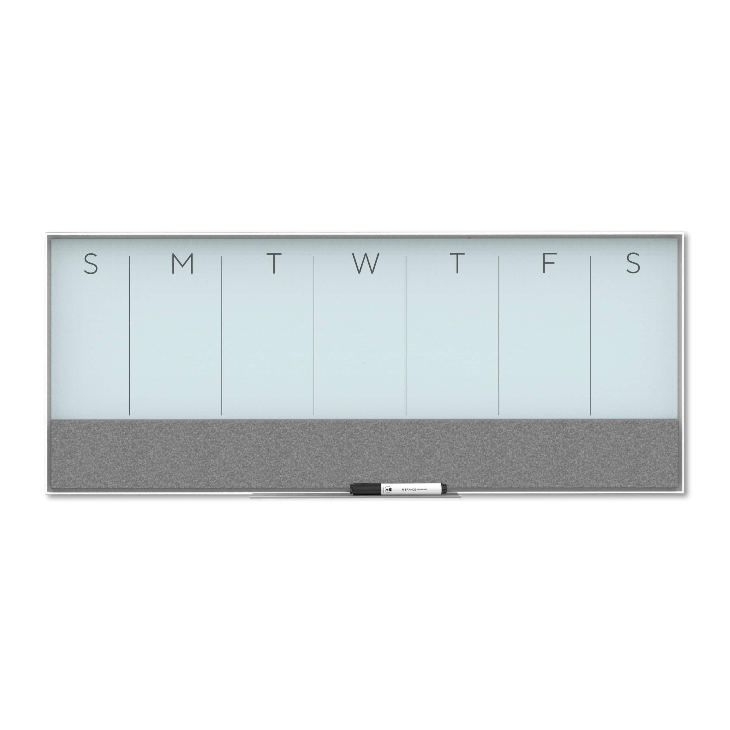 U Brands White Aluminum Framed Magnetic Glass Weekly Calendar Dry-Erase Board, 36&#x22; x 15&#x22;