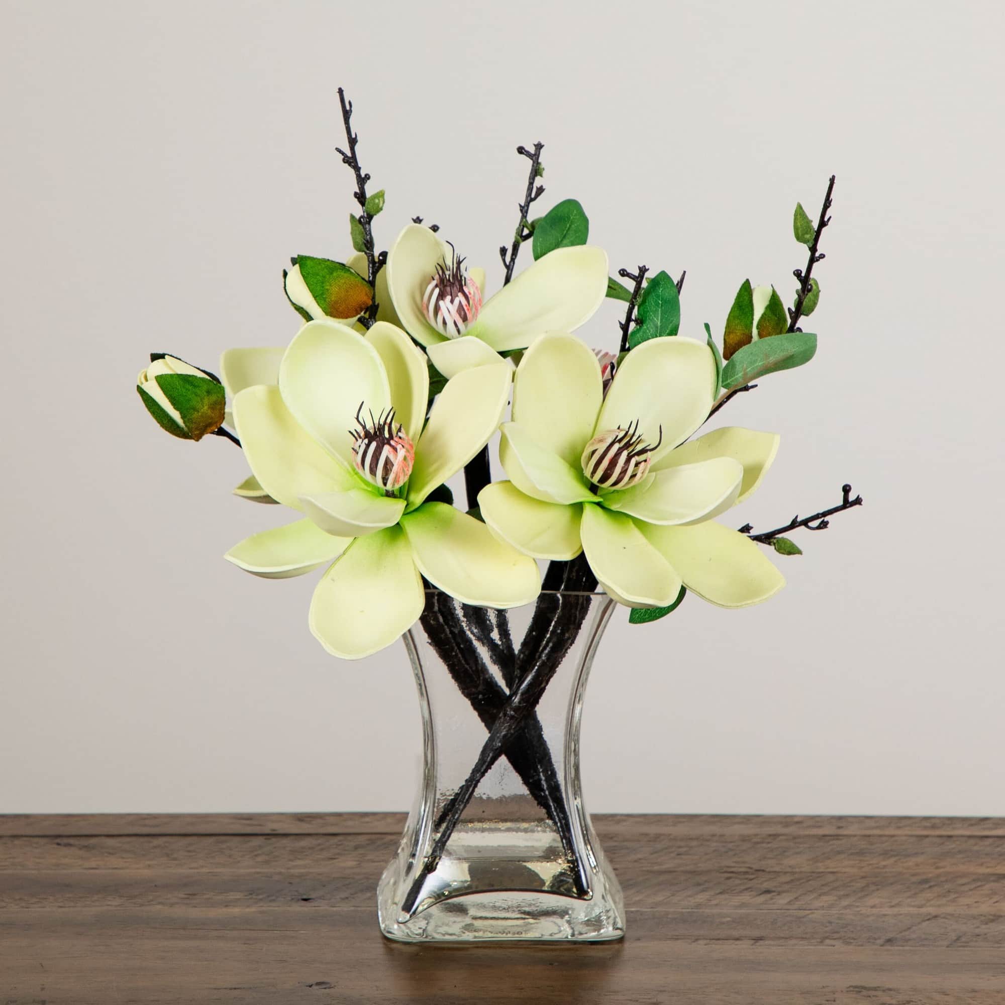 15&#x22; White Magnolia Arrangement with Glass Vase