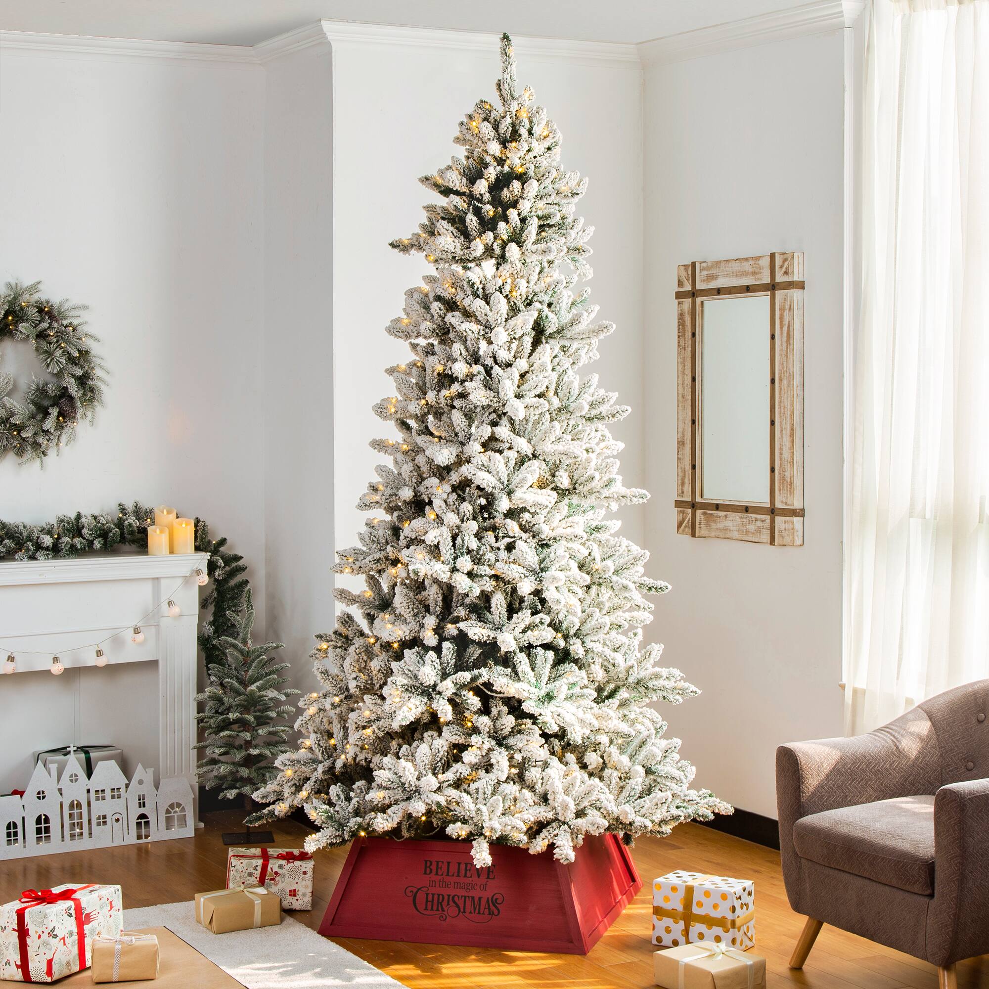 Glitzhome® 26" Red Trapezoid Believe in the Magic Christmas Tree Collar Tree Skirts, Stands