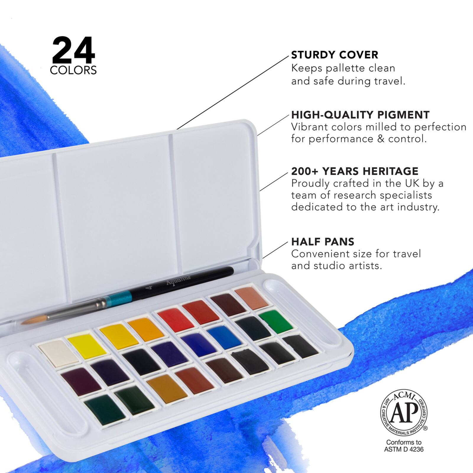 Daler-Rowney® Aquafine 24 Color Half-Pan Watercolor Travel Set with Brush