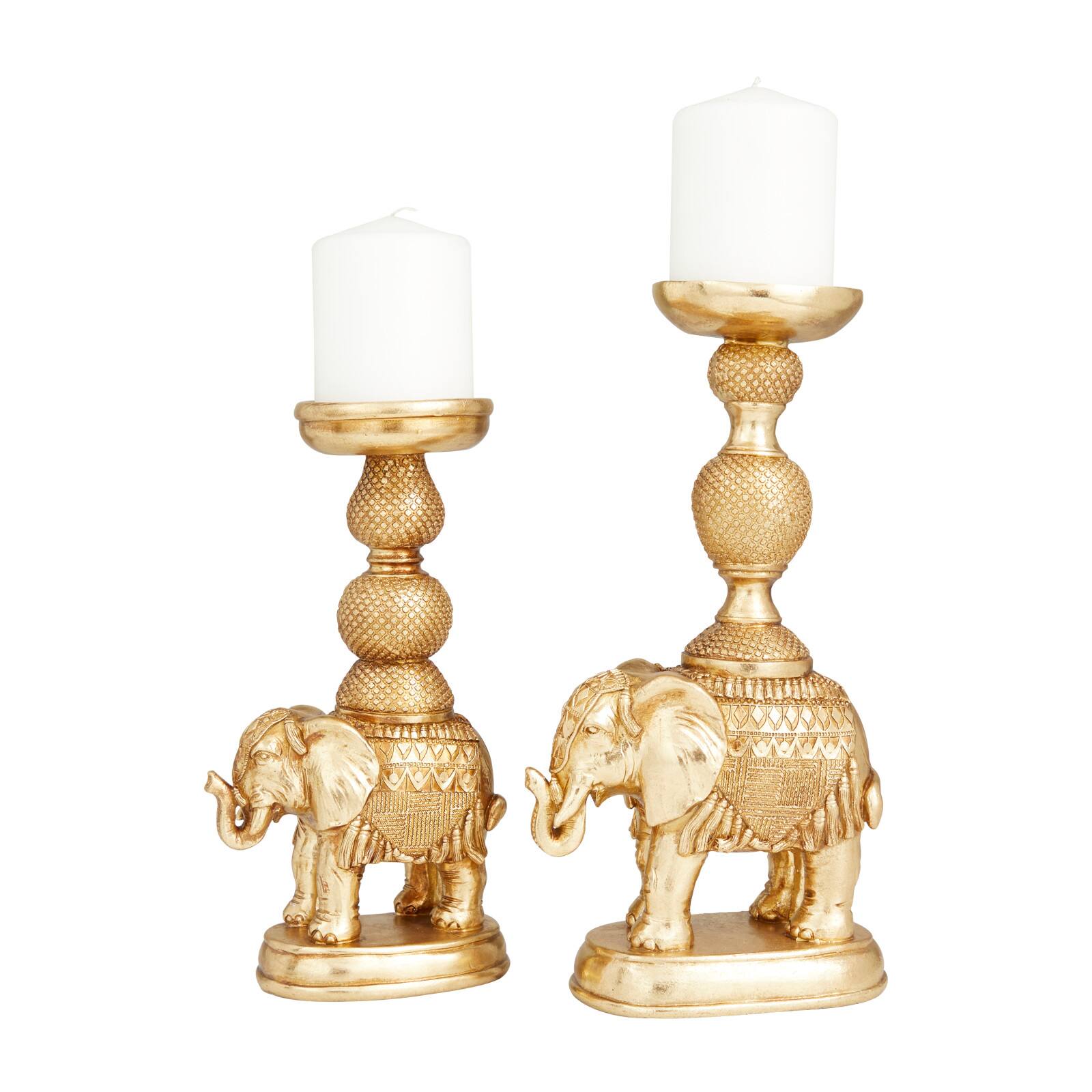 Set of 2 Gold Polystone Traditional Candle Holders, 13" x 4" x 6"
