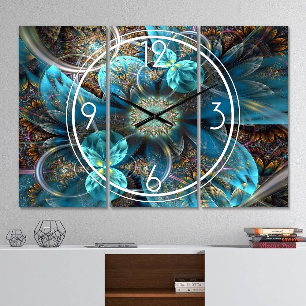 Designart Fractal Blue Flowers Multipanel Wall Clock