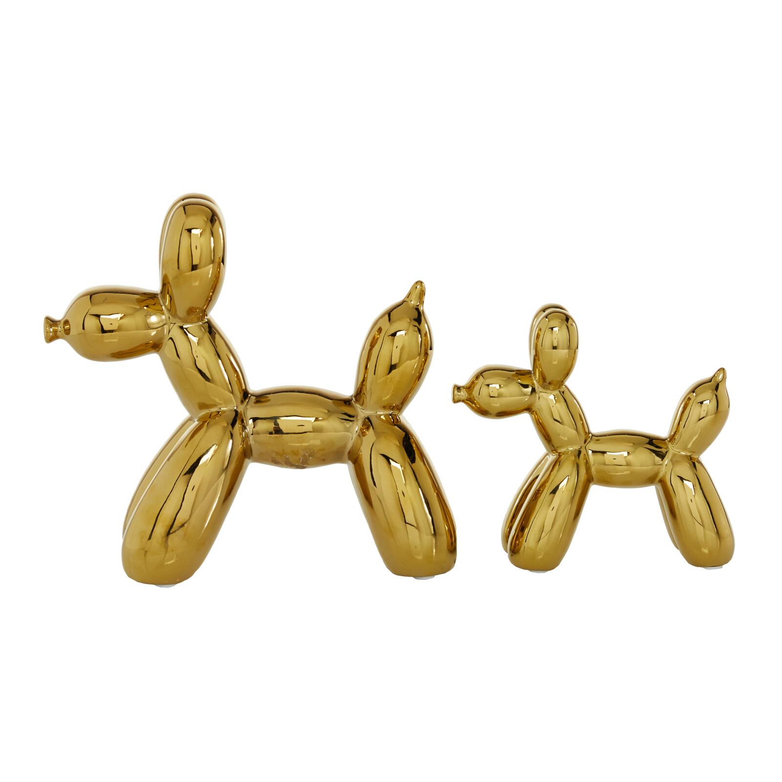 Set of 2 Gold Porcelain Contemporary Dog Sculpture, 7&#x22;, 9&#x22;
