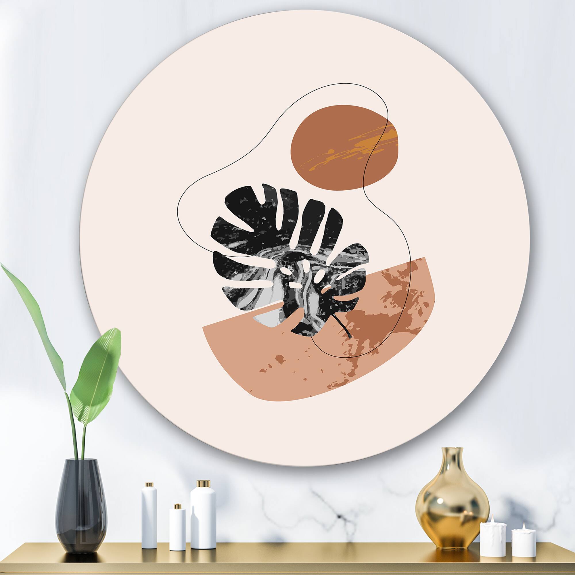 Designart - Abstract Shapes & Tropical Monstera Leaves - Modern Metal Circle Wall Art