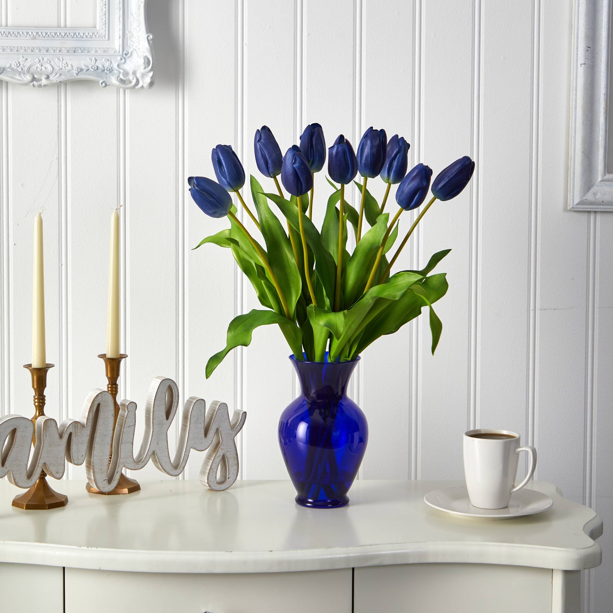22" Blue Dutch Tulip Arrangement in Blue Vase