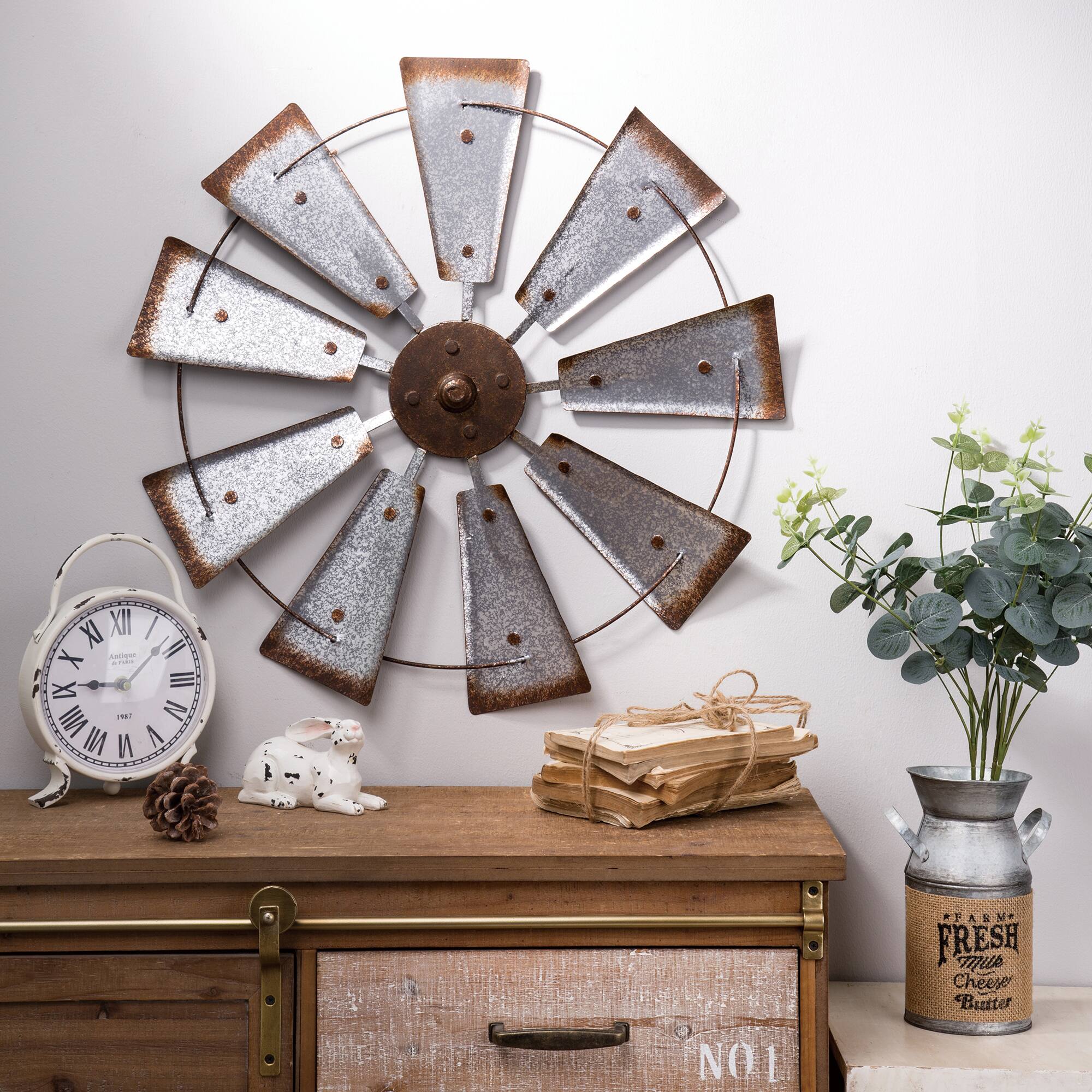 Glitzhome® 22" Farmhouse Metal Galvanized Wind Spinner Wall Décor