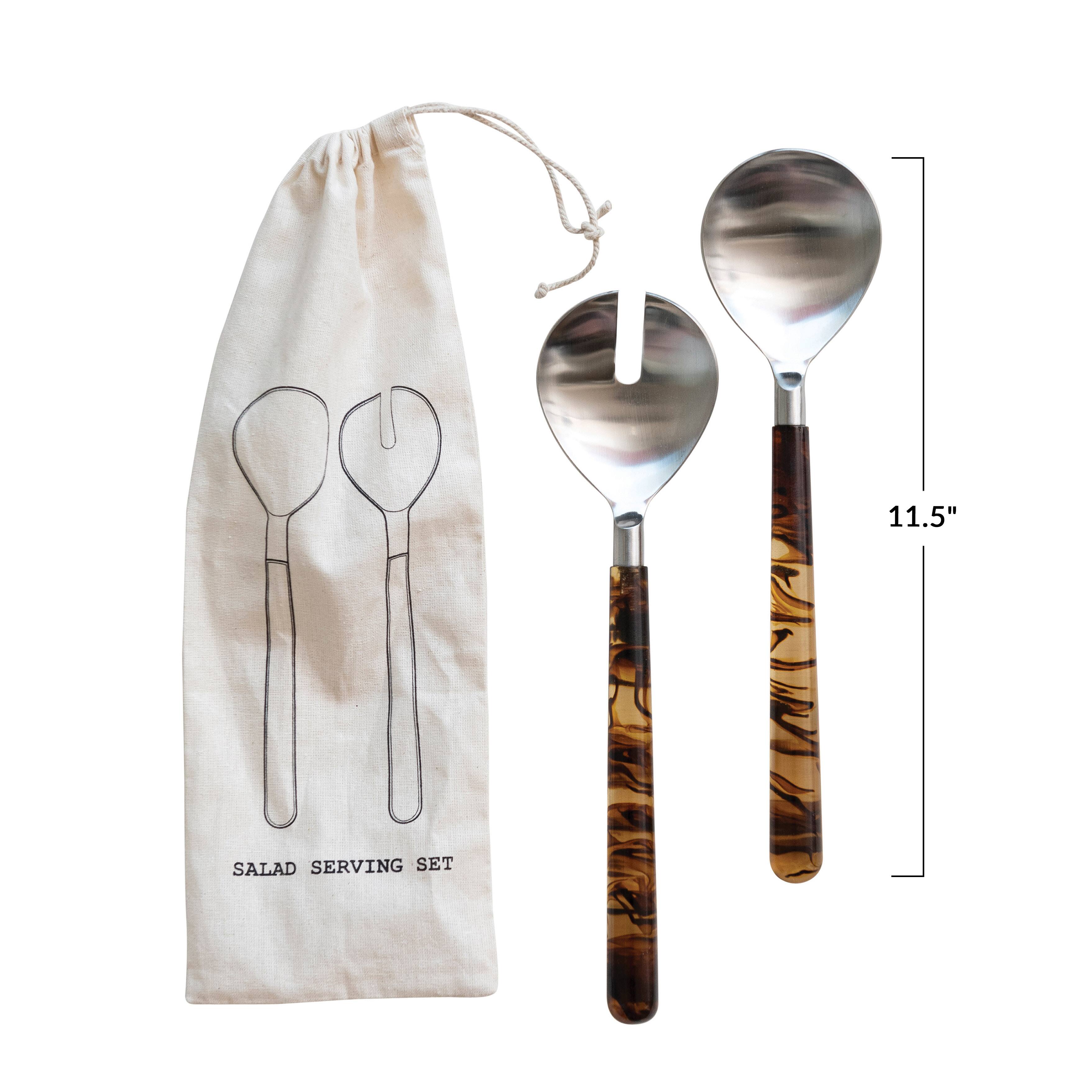 Hello Honey® Stainless Steel Salad Server Set with Marbled Handles in Drawstring Bag