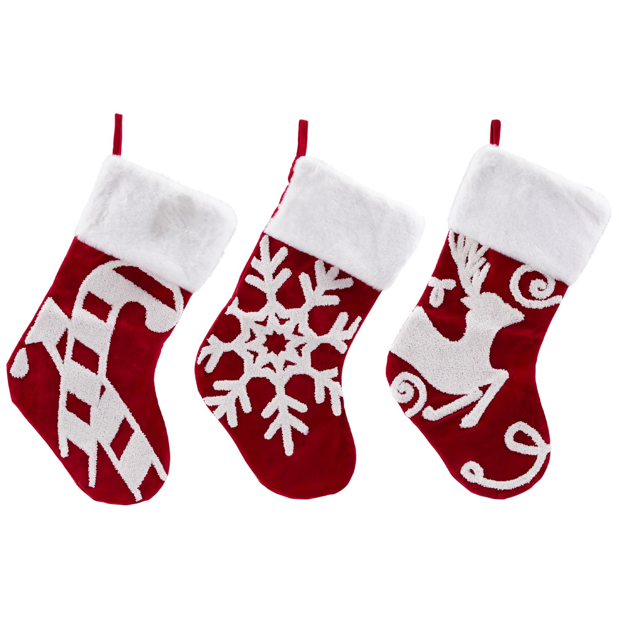 Reindeer and Snowflake Embroidered Christmas Stockings - 20&#x22; - Set of 3