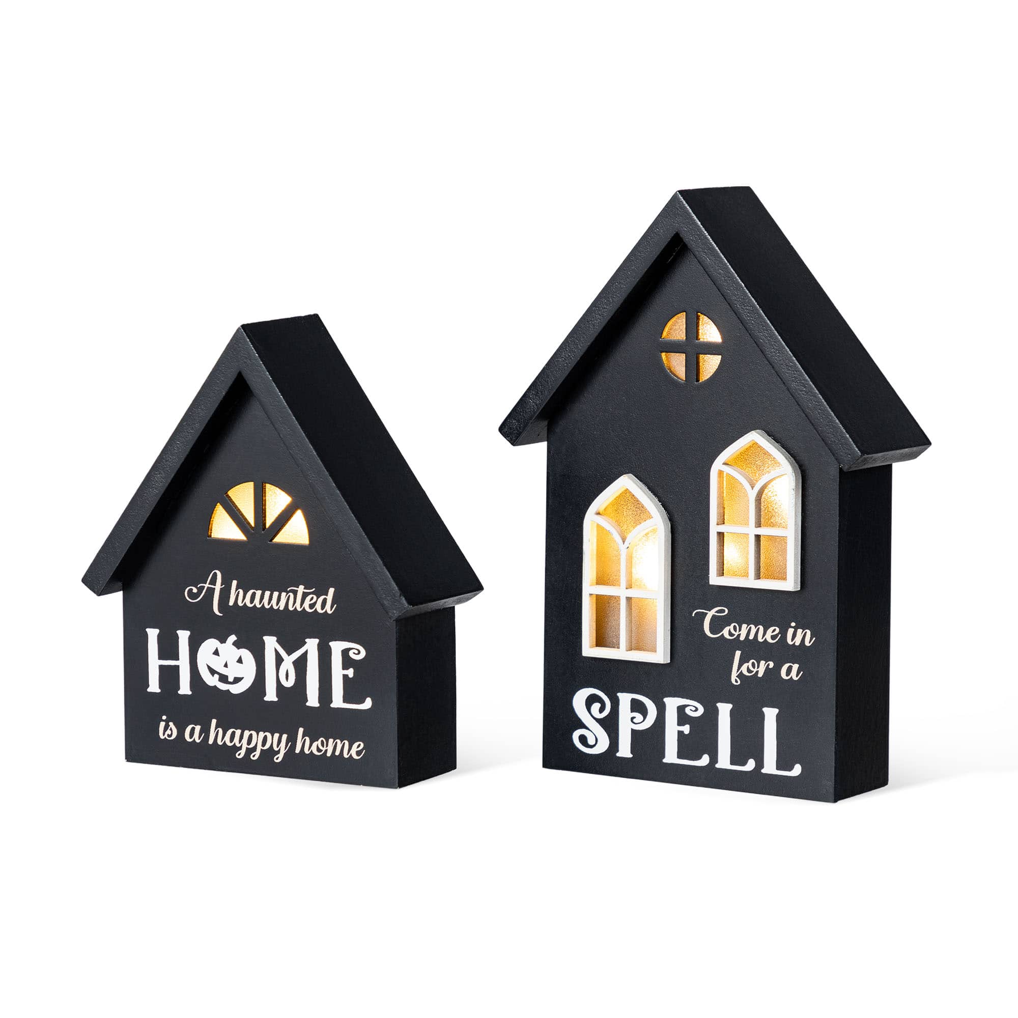 Glitzhome&#xAE; 8&#x22;H Lighted Halloween Wooden House-shaped Table Decor Set