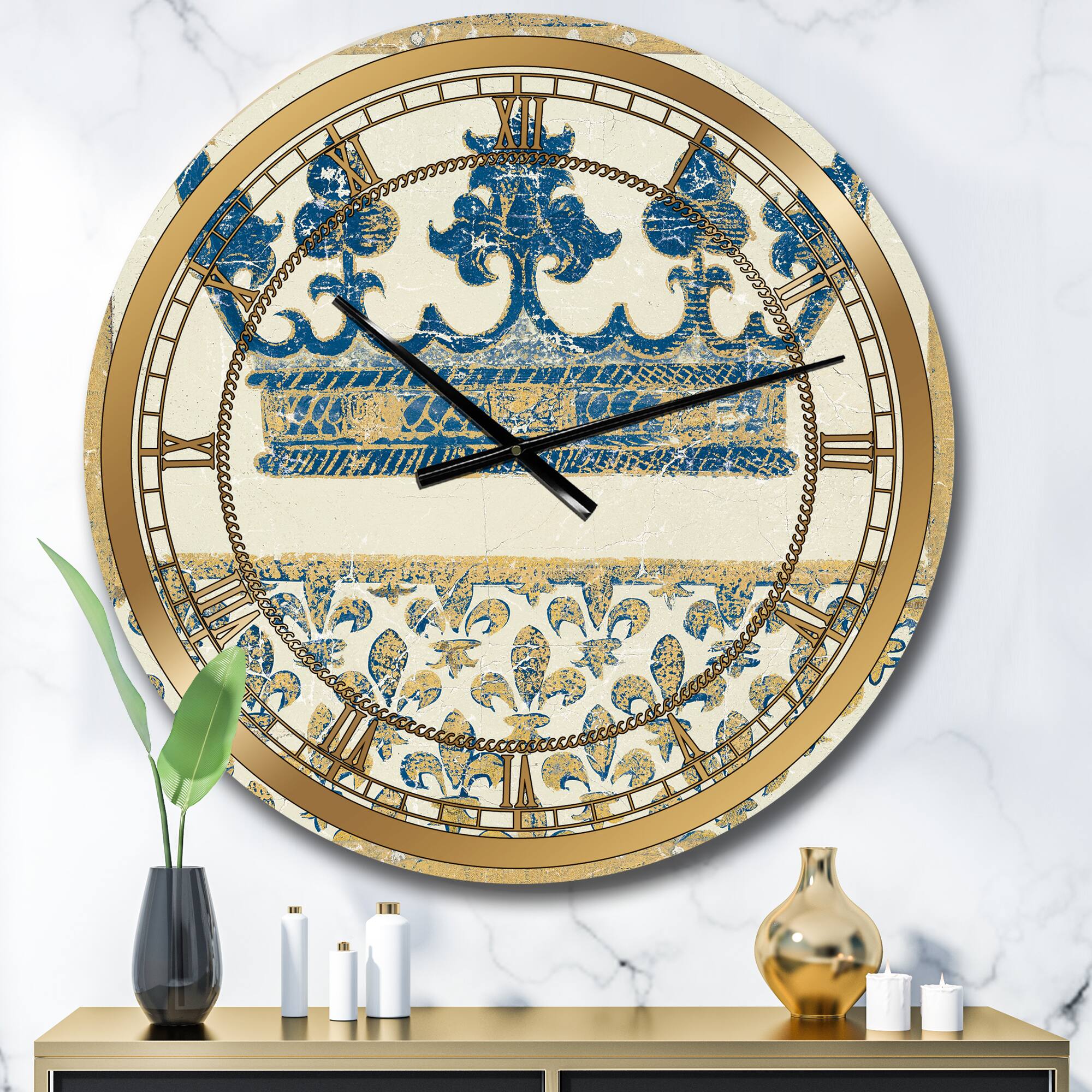 Designart &#x27;Fleur De Lis Gold Crown Glam Wall Clock