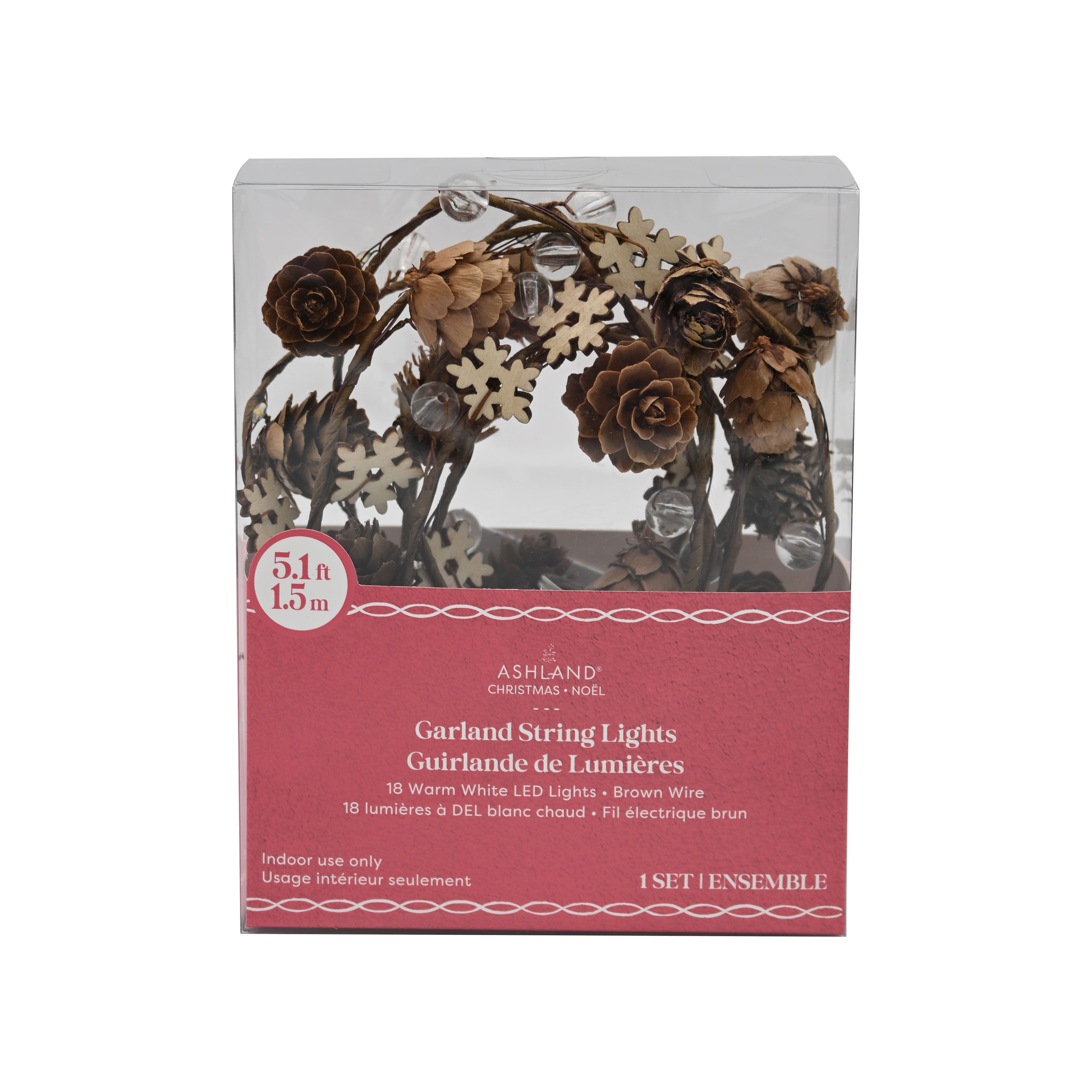 18ct. Warm White LED Pinecone & Snowflake Garland String Lights on Brown Wire by Ashland®